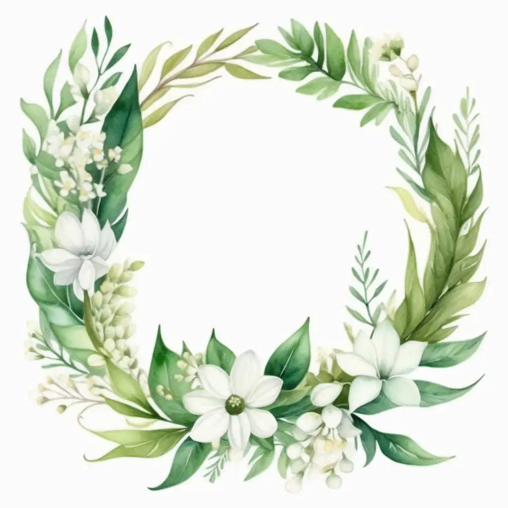 Watercolor Green Wreath with White Flowers on White Background