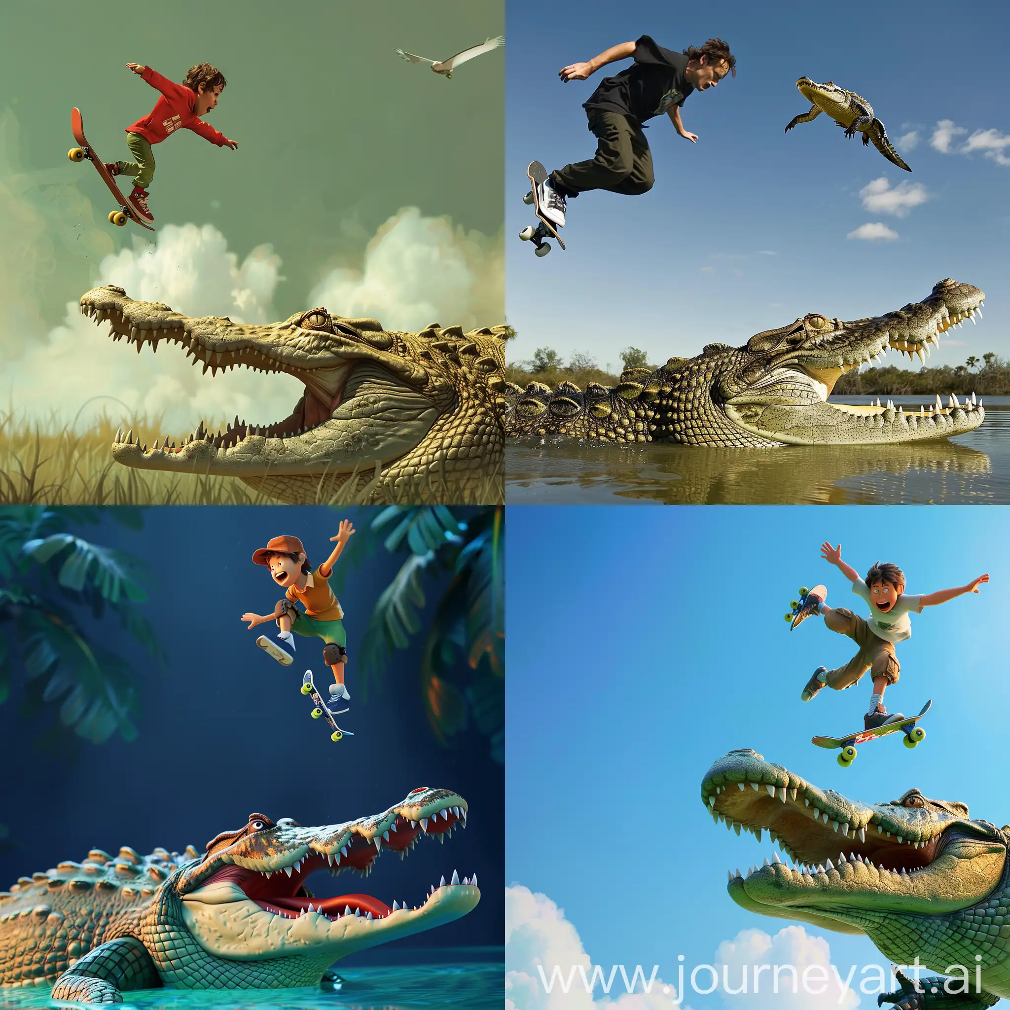 Kick Buttowski jump on skate above crocodile