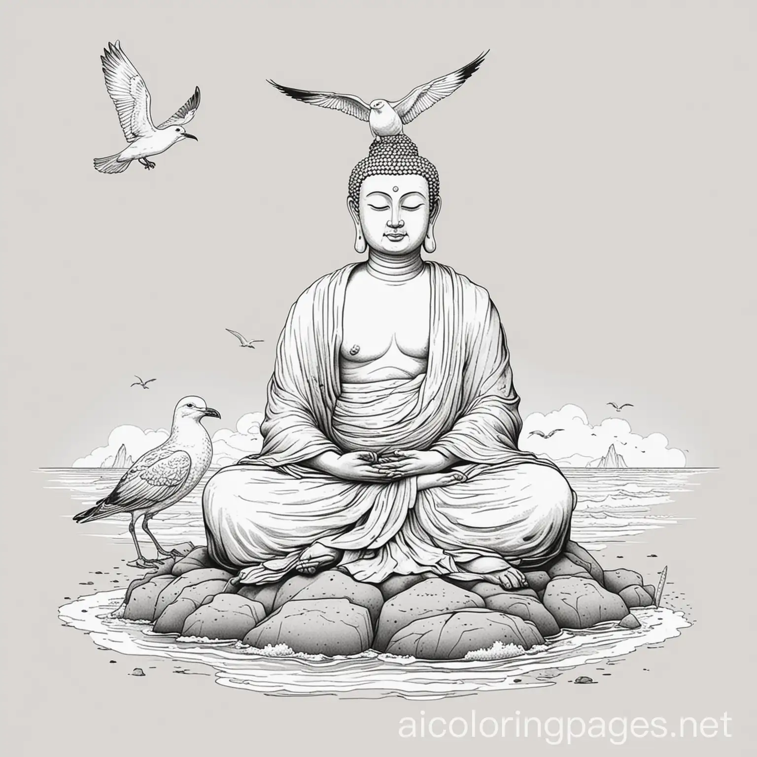 a buddha sitting on a beach with a seagull on his head, Coloring Page, black and white, line art, white background, Simplicity, Ample White Space. The background of the coloring page is plain white to make it easy for young children to color within the lines. The outlines of all the subjects are easy to distinguish, making it simple for kids to color without too much difficulty