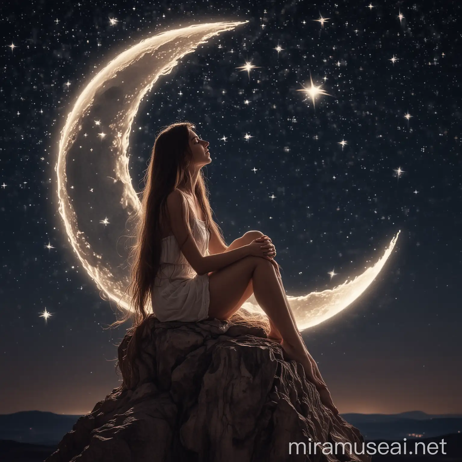 Dreamy Woman Sitting on Crescent Moon Surrounded by Stars