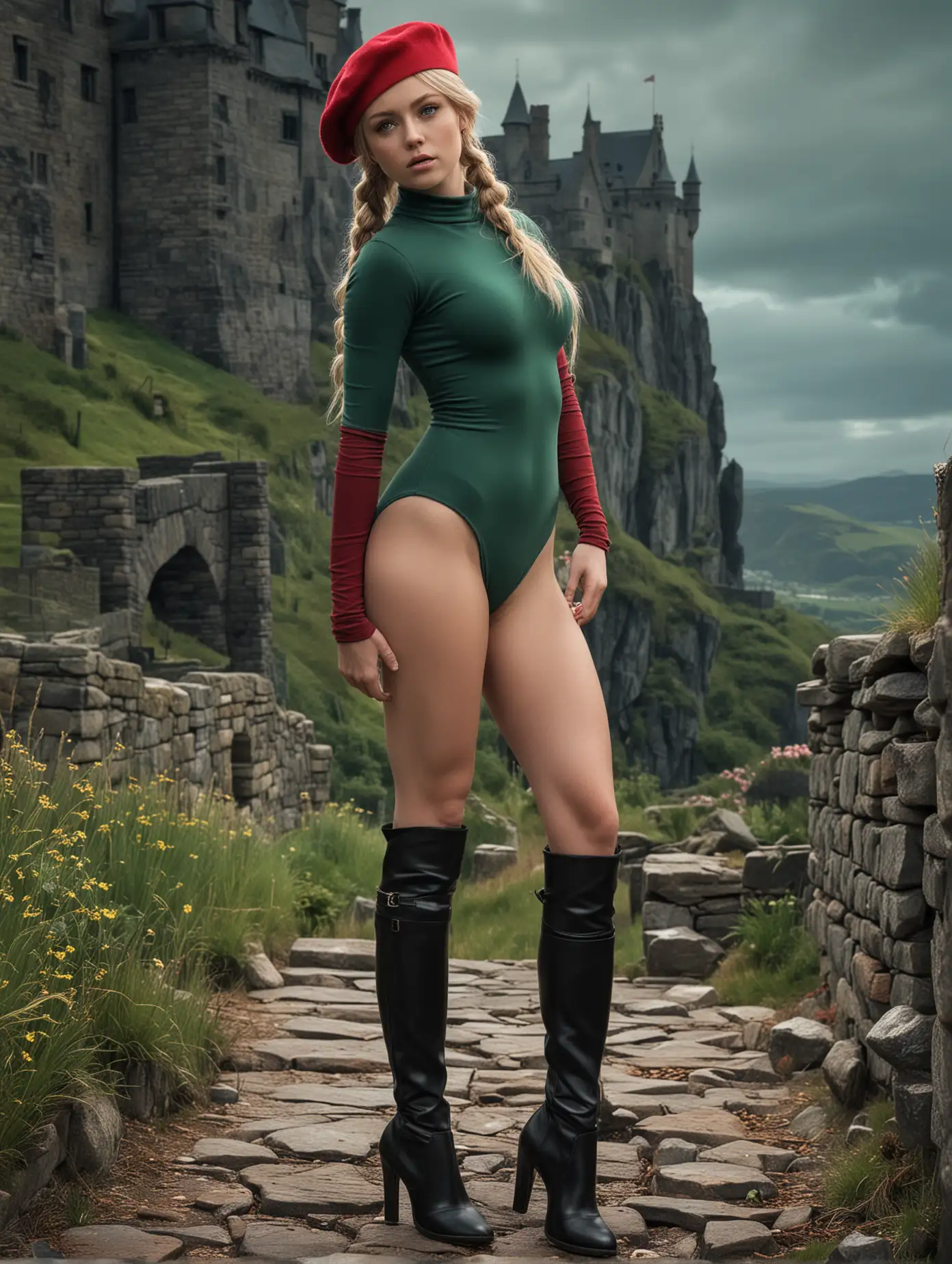Cammy White, young woman, blonde hair, (long braid:1.1), blue eyes, fit, athletic, (toned:1.1), sexy, fierce, small (perky:1.1) natural breasts, thick legs, (highleg:1.1) (sleeveless:1.1) skintight turtleneck grass green spandex leotard, covered nipples, red beret, red gauntlets, calf-high black combat boots, fighting stance, cobblestone bridge in front of cliffside English castle, midnight, mountains, valley, aurora borealis,

wide shot, highly detailed, random details, imperfection, detailed face, detailed body, detailed skin textures, skin pores, detailed background, detailed colours hues tones,