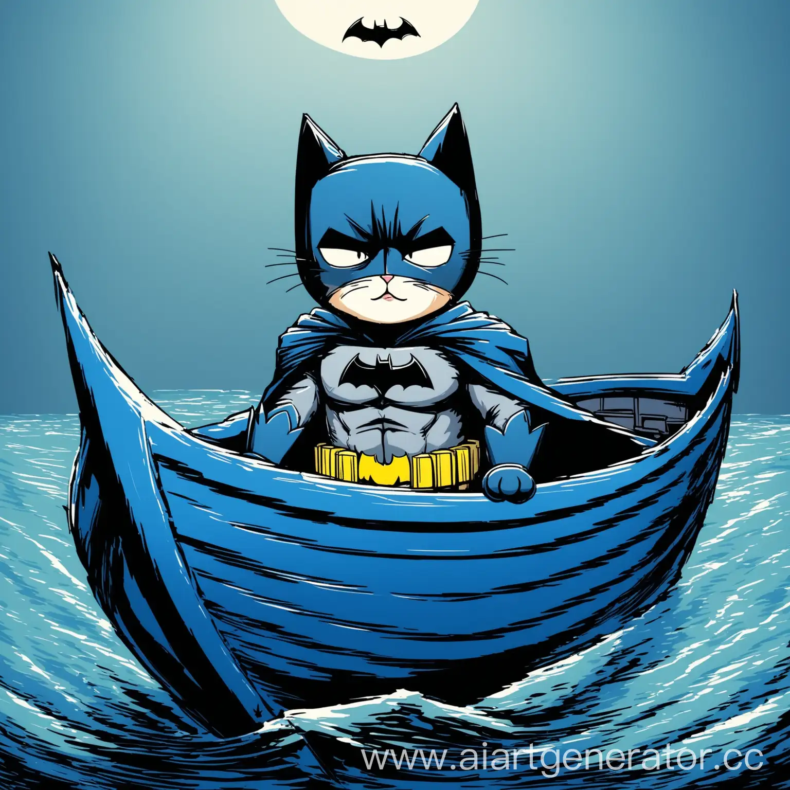 кошка-бэтмен в лодке в голубых цветах