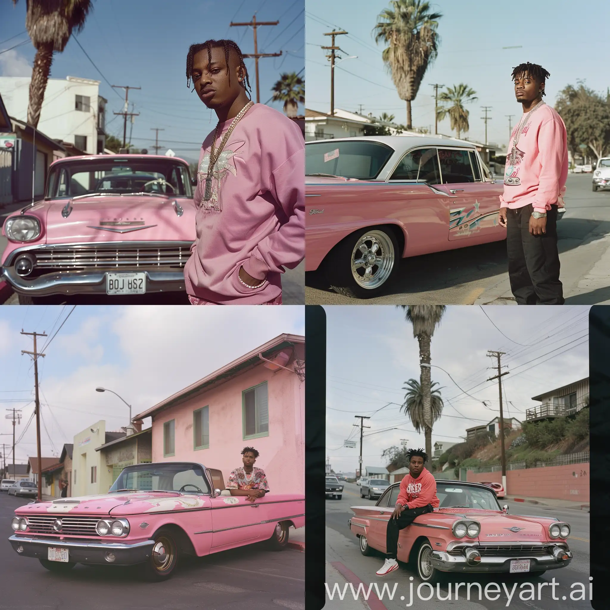 a photograph of juice wrld by a 1959 pink ford on a street in los angeles.