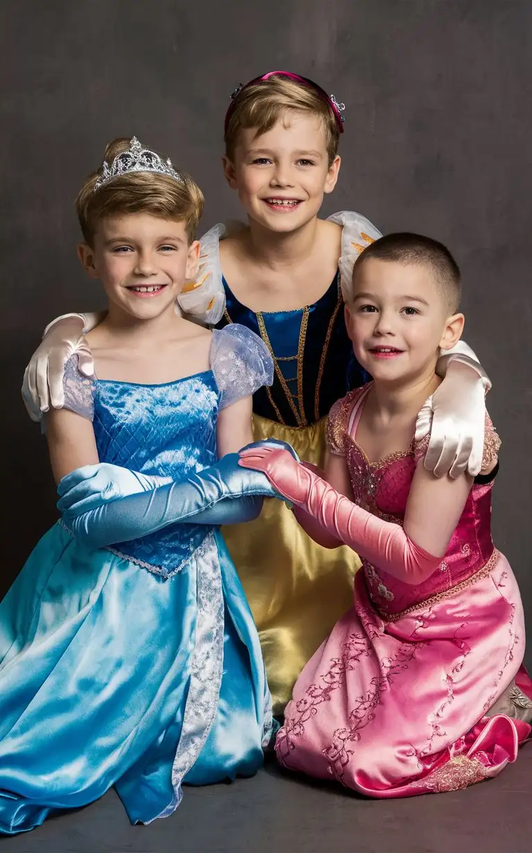 Gender role-reversal, Photograph of a smiling 9-year-old boy wearing a blue Cinderella Princess dress, a cute 7-year-old little short-haired smiling blonde boy wearing a Snow White Disney Princess dress, and a cute nervous 5-year-old little short-brown-haired boy wearing a pink Rapunzel Princess dress, short hair shaved on the sides, kneeling together on the floor, long silky gloves and princess accessories, English, perfect children faces, perfect faces, smooth
