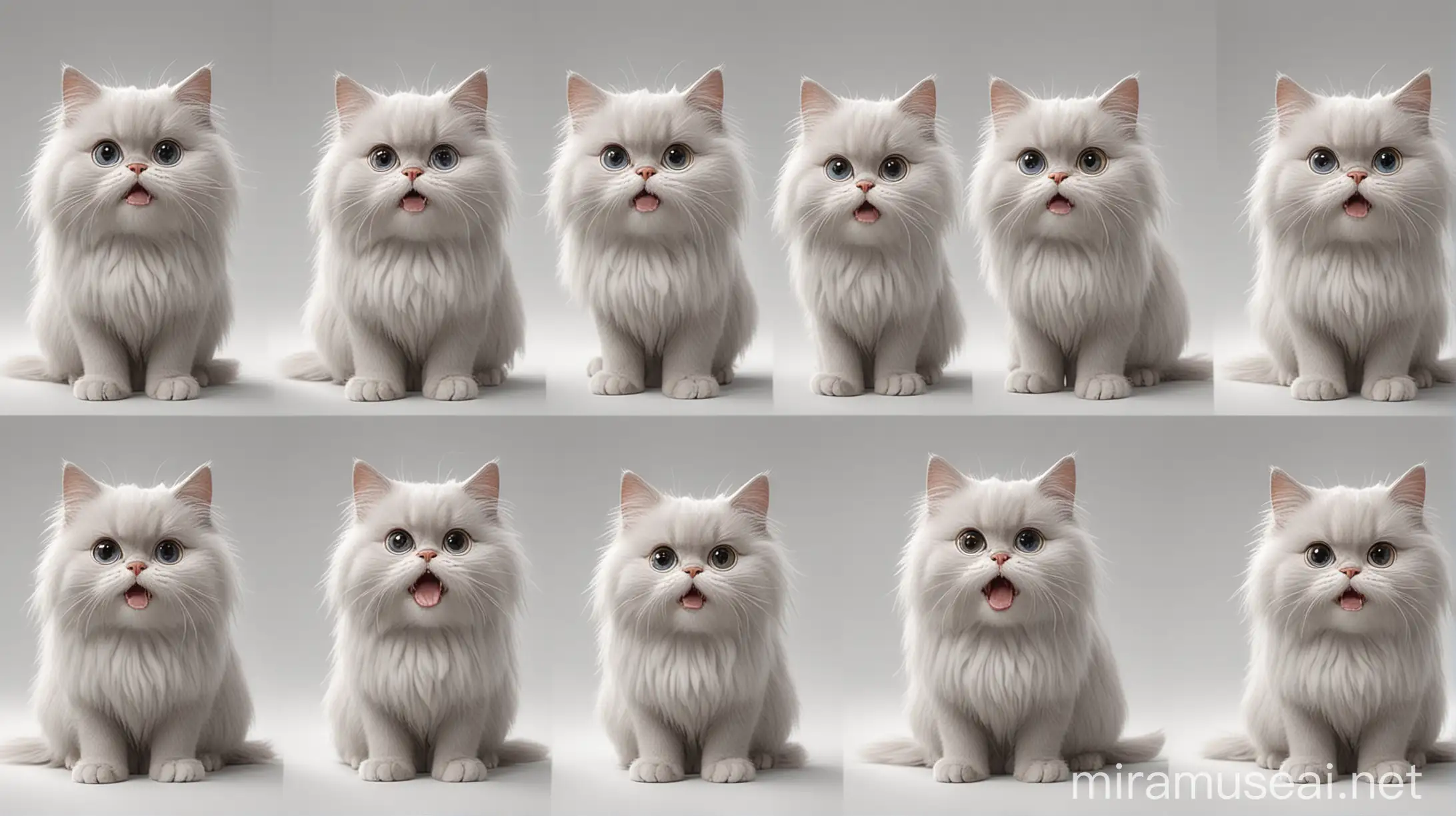 q version of silver english longhair cat, silver english longhair cat's various expressions and actions, happy, laughing, sad, angry, disappointed, surprised, spoiled, white background, nine grid layout, illustration design, pixar style