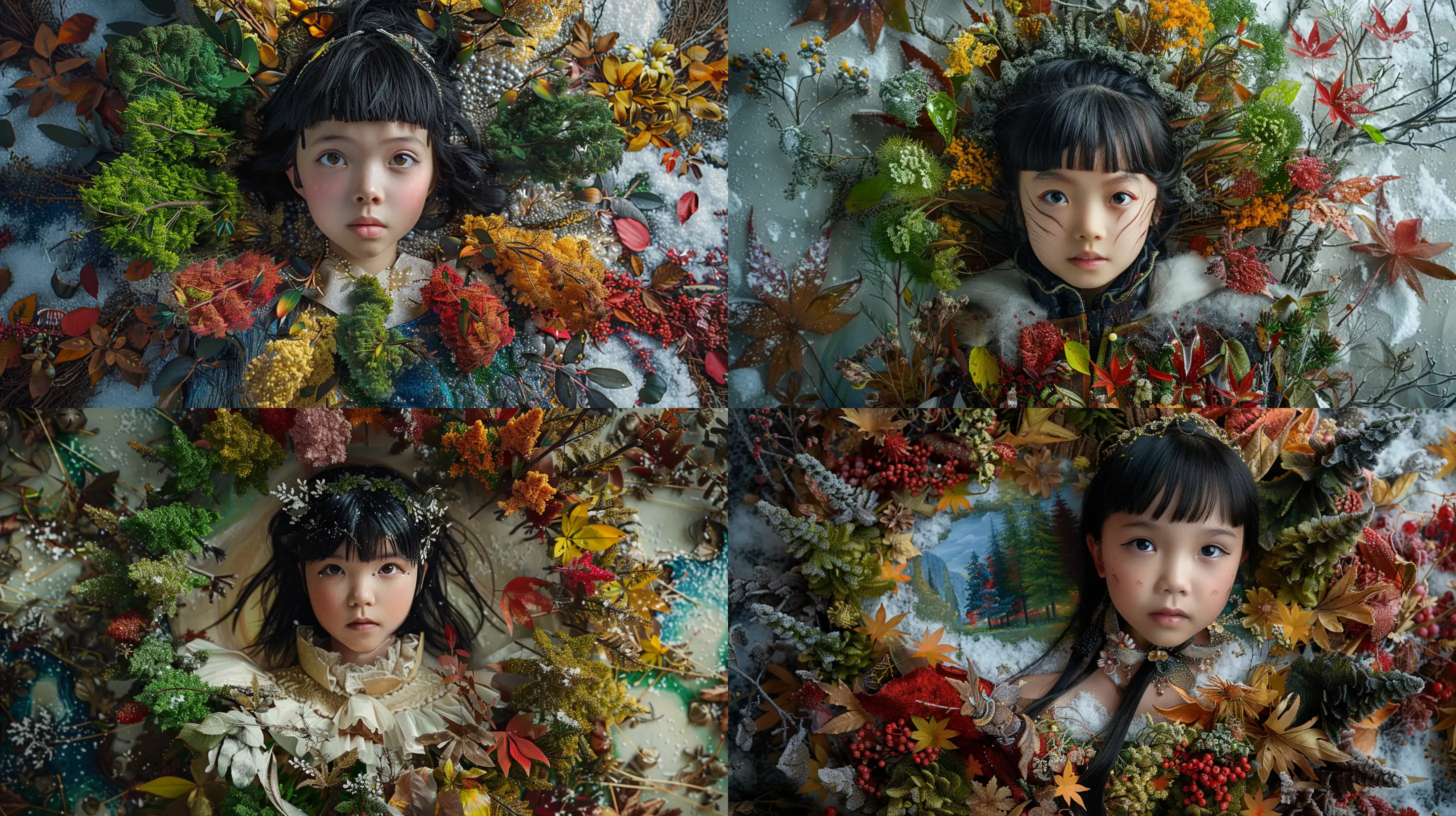 Enchanting-Cinematic-Portrait-6YearOld-Girl-Embraces-Mother-Nature-Amidst-the-Four-Seasons