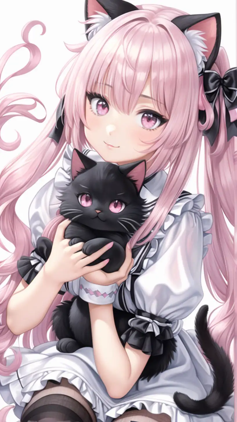 Cute Anime Cat Girl in Maid Uniform with Pastel Pink Eyes and Cat Ears