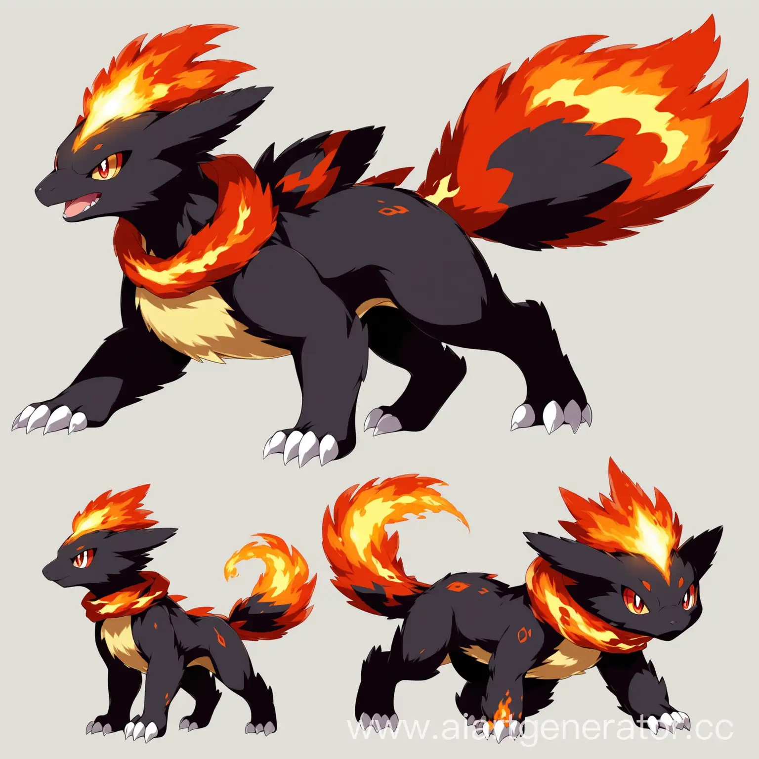 create the evolution of this Pokemon now this Pokemon has a fire type added now it has become taller than a human, it has become more closed, its scarf has become longer, it has black fur