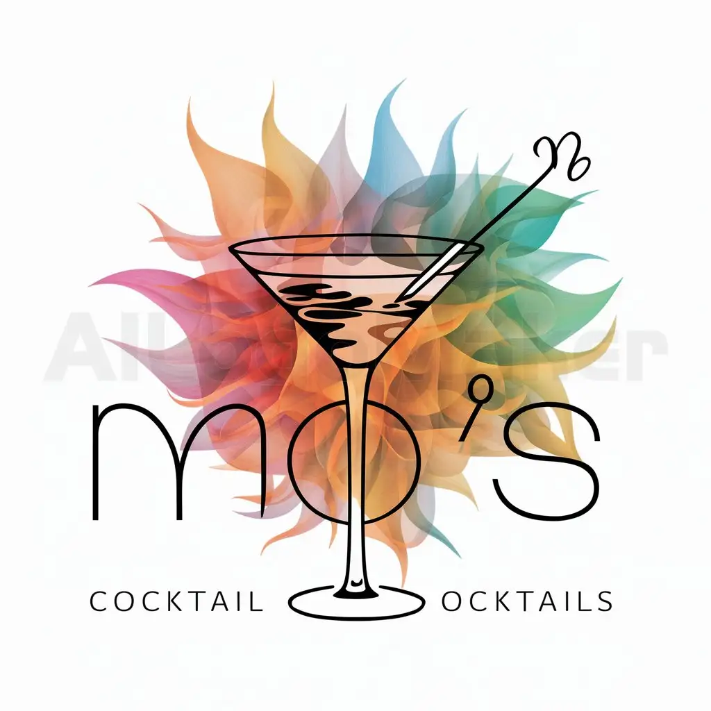 a logo design,with the text "Mo's", main symbol:Picture a sleek martini glass as the centerpiece of the logo, filled with a tantalizing cocktail. The ‘M’ shaped stirrer gracefully rests against the rim, adding a touch of elegance and personalization. Around the glass, bursts of joyful colors dance, representing the diverse and vibrant range of cocktails offered by Mo's. These colors blend seamlessly, evoking a sense of celebration and excitement. Imagine the logo as a beacon of fun and flavor, inviting customers to indulge in the delightful world of Mo's Cocktails.,Minimalistic,clear background