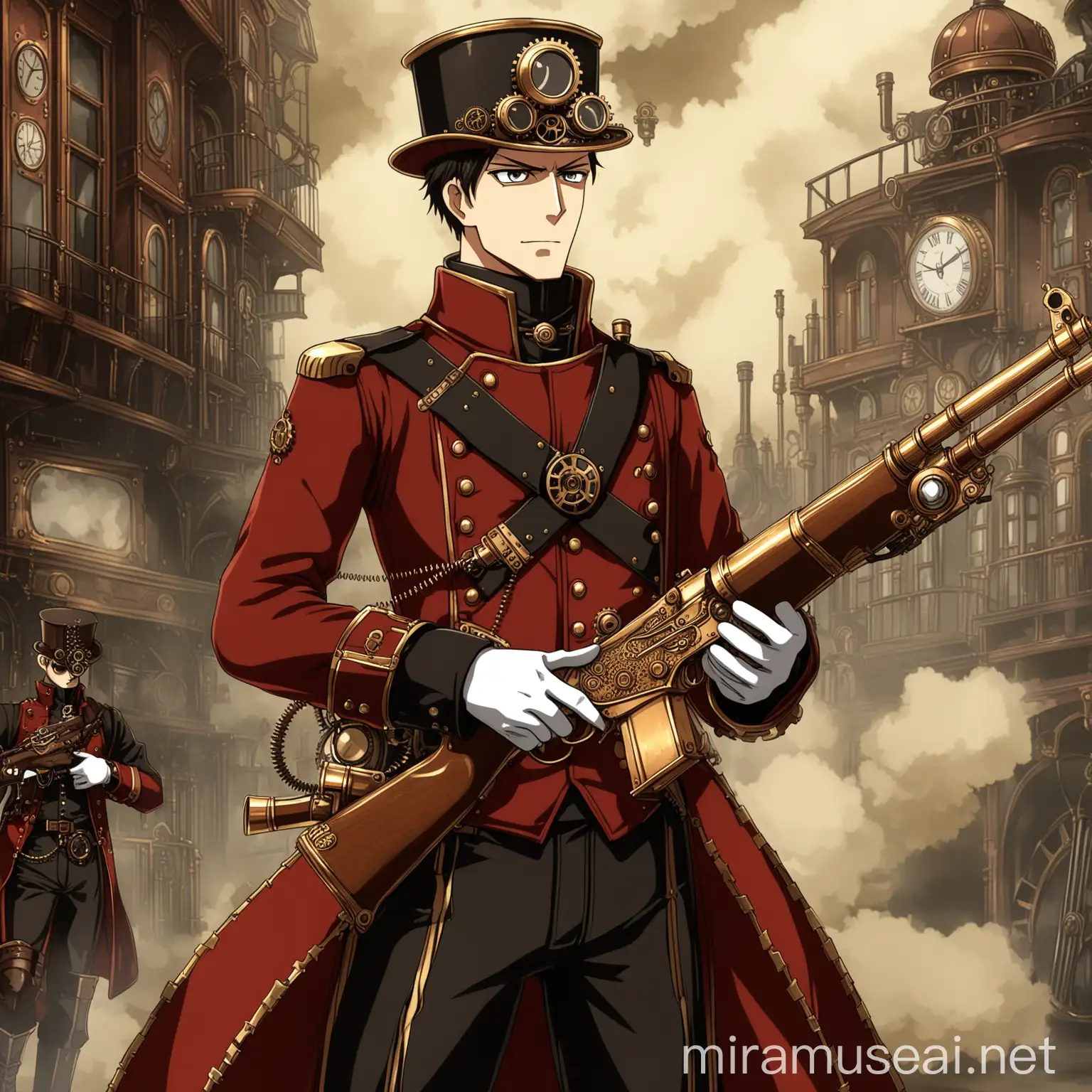 Steampunk Soldier with Victorian Rifle in Anime Style