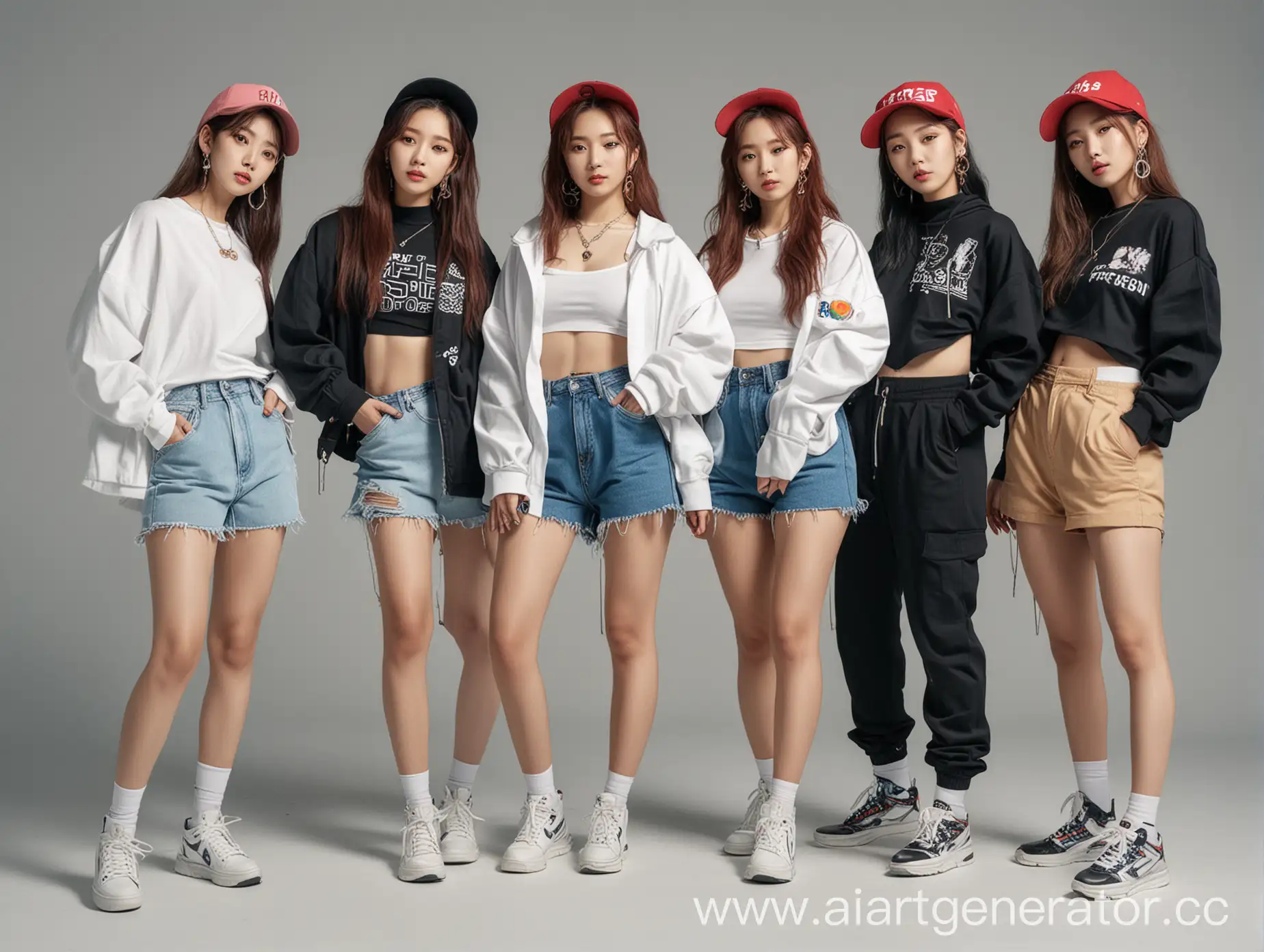 6 девушек корейской внешности в стиле k-pop, одеты в стиле hip-hop в полный рост