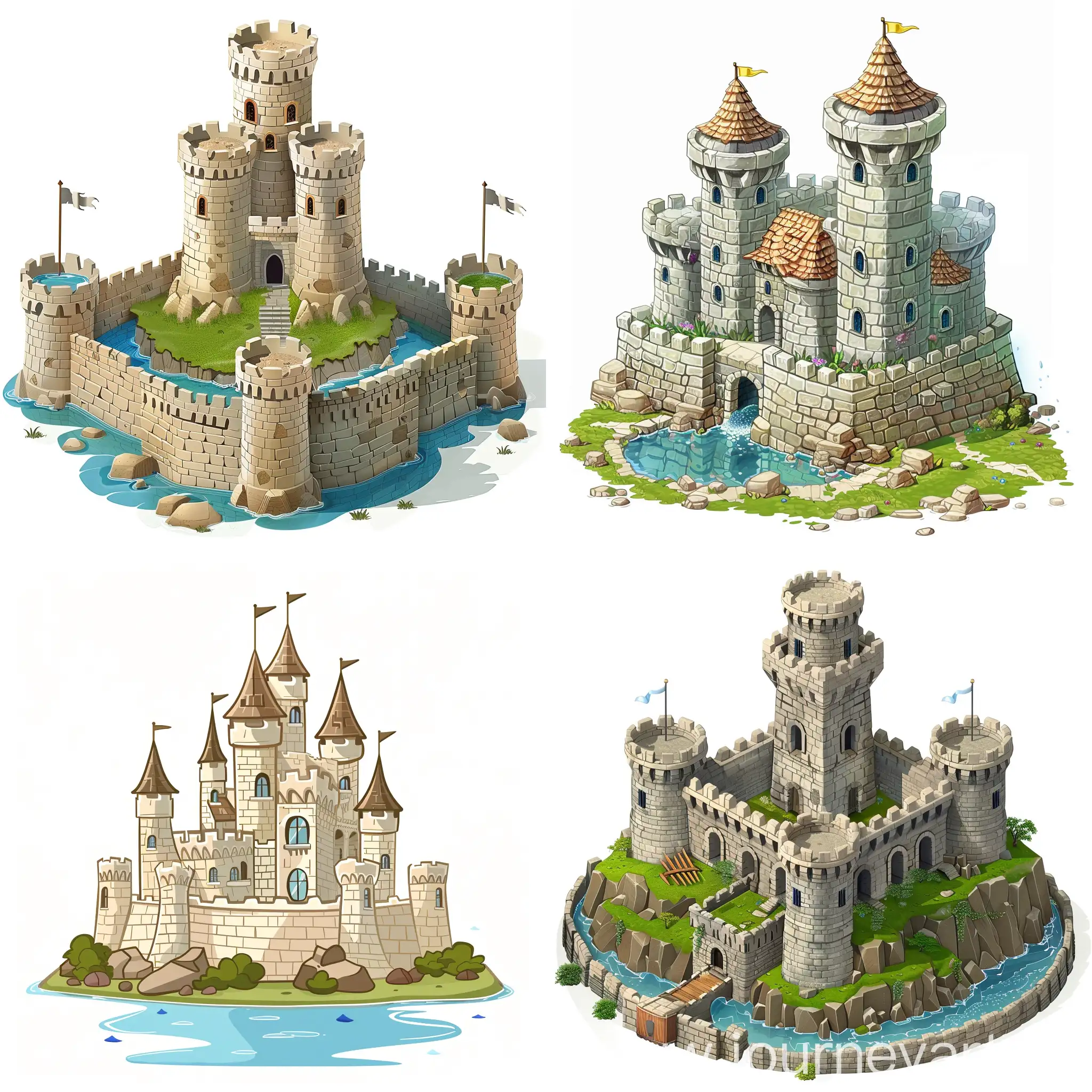 cartoon castle on a white background, a moat with water around the castle