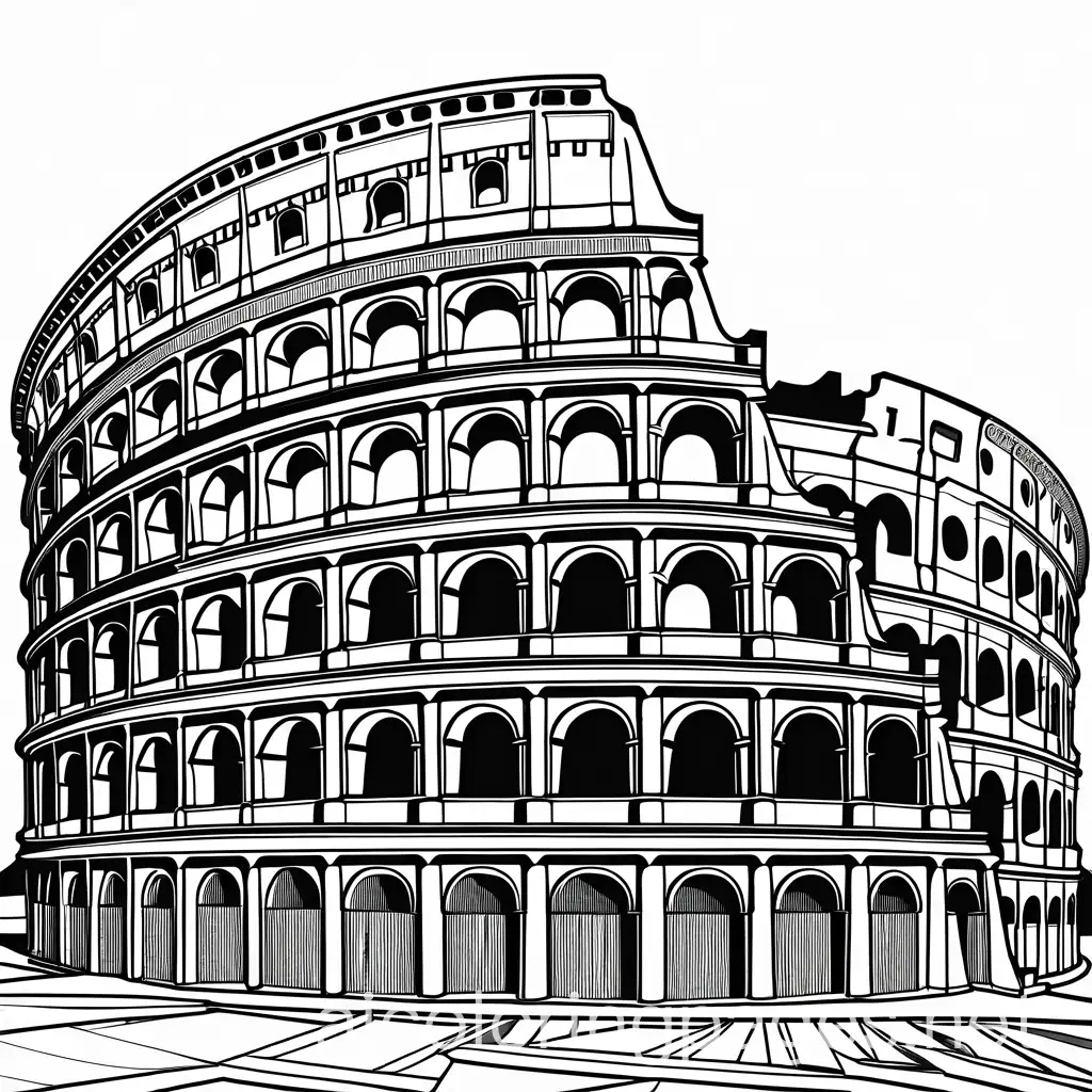 create a coloring page of the roman colossem complete view from the outside, Coloring Page, black and white, line art, white background, Simplicity, Ample White Space. The background of the coloring page is plain white to make it easy for young children to color within the lines. The outlines of all the subjects are easy to distinguish, making it simple for kids to color without too much difficulty