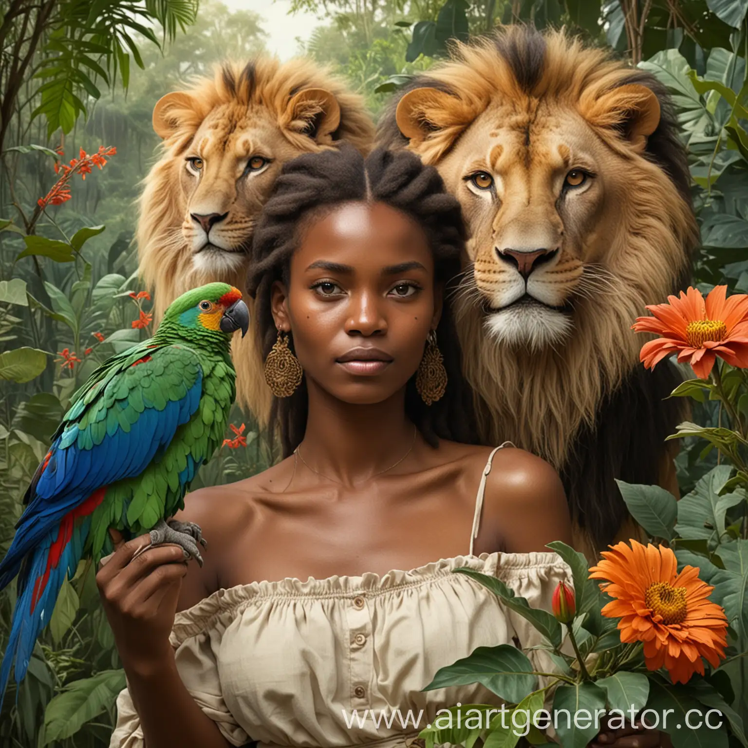 African-Woman-and-Child-in-Jungle-with-Parrot-and-Lion