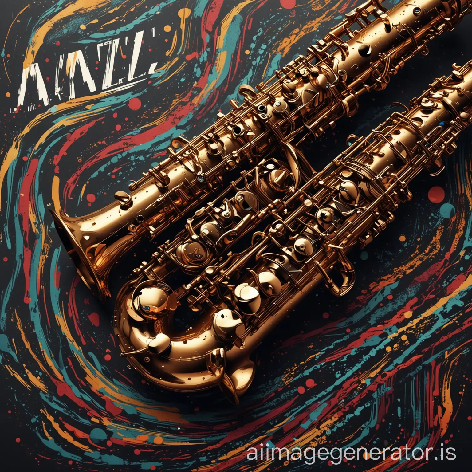 jazz concert poster graphic design presentation top down view, an device that looks like a saxofone, jazz waves, sound waves, intricate details, jazz poster, modern layout, modern design, colorfull and vibrant, dynamic strikes