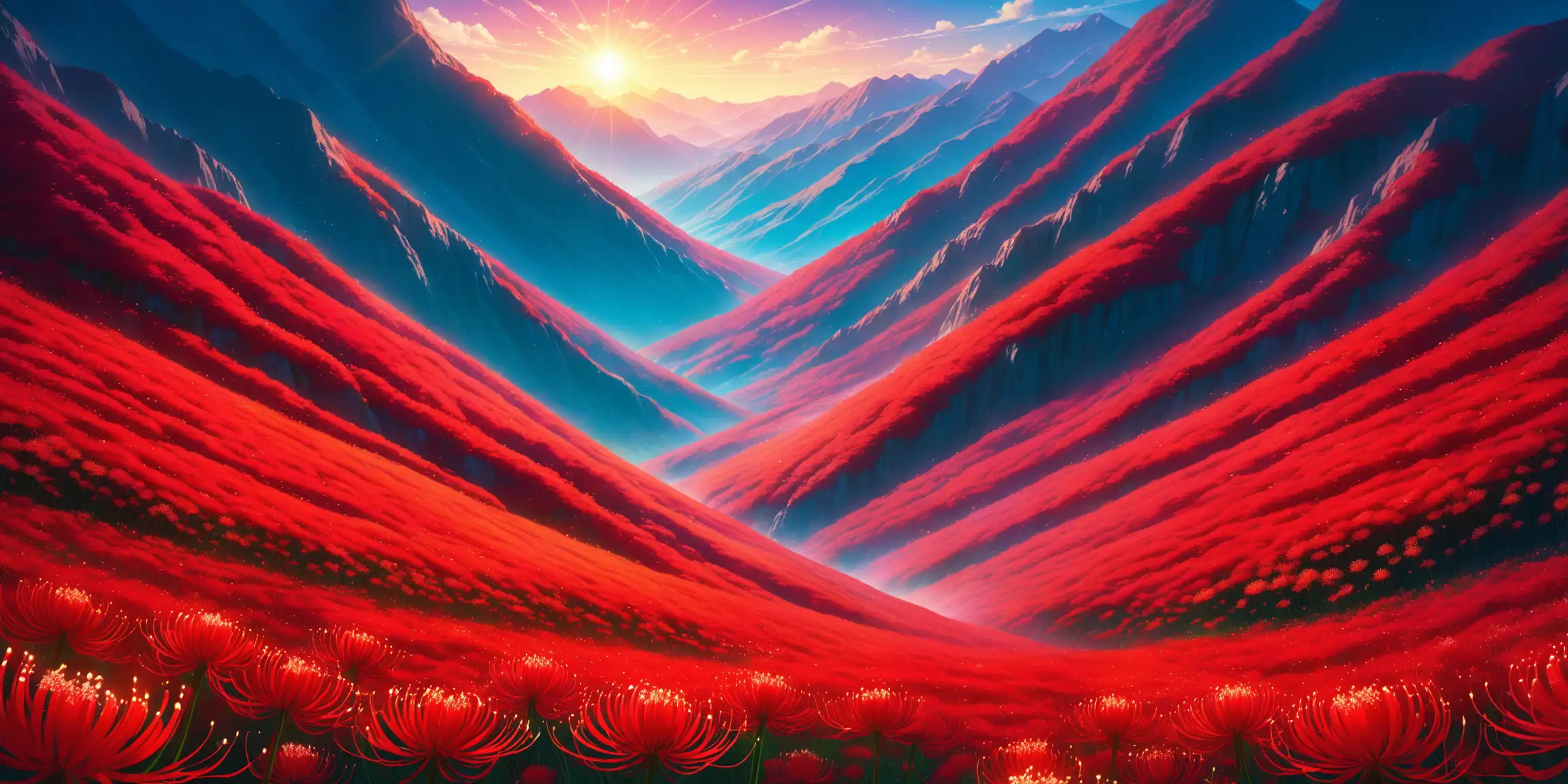 a field of red spider lilies on a mountainside, highly saturated colors, high resolution, high graphics, best quality, vibrant color grading, parallax, antialiasing, ethereal, dreamy, otherworldly, dream-like, breathtaking, captivating, cel shading, lens flares