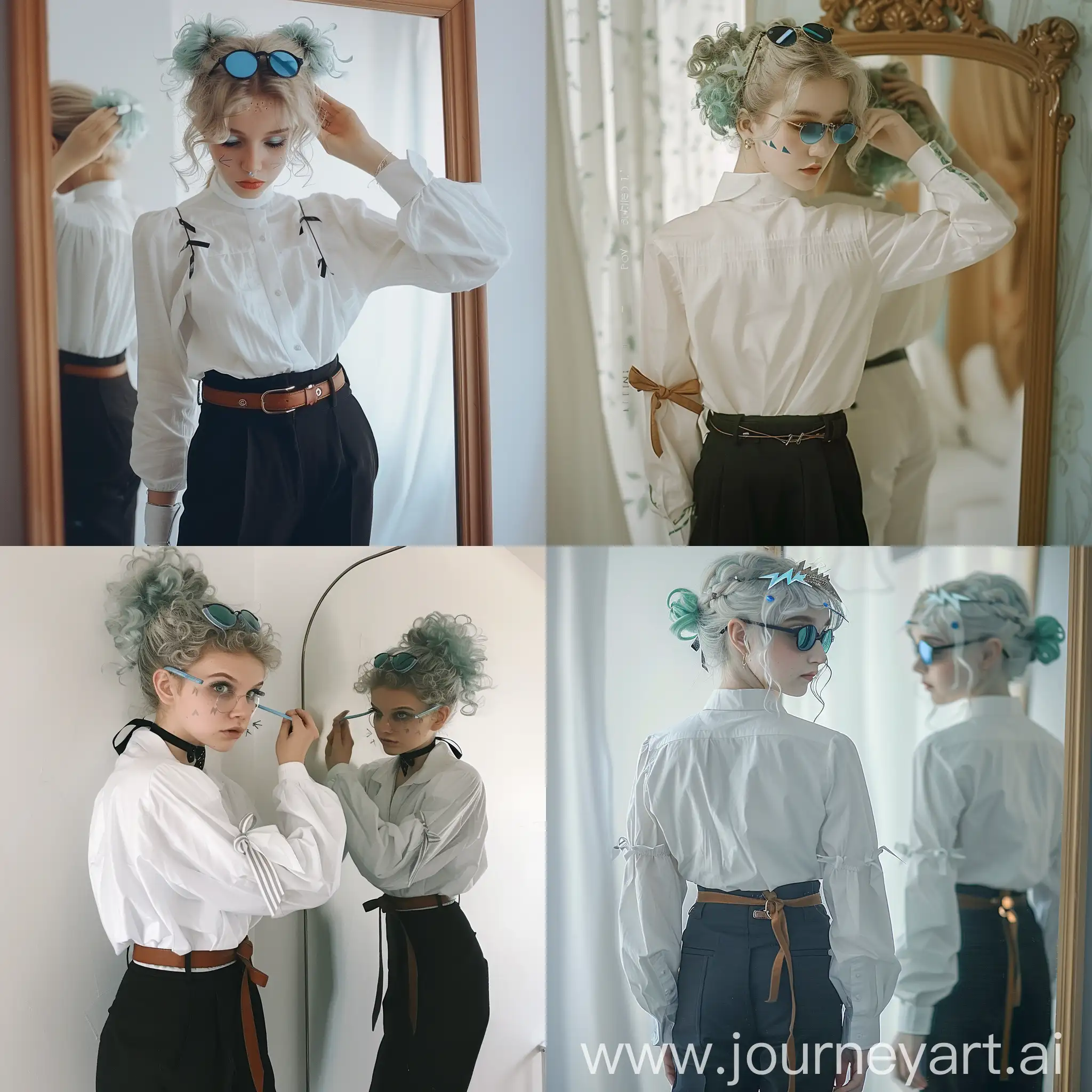 /imagine prompt: wearing a white shirt with small ribbons on the loose sleeves, she accentuated her waist with black trousers and a thin brown belt. a small accessory on her head from a shock of silver curls gathered in a high ponytail was sunglasses. they emphasized the rich color of the escaping mint strands in her hairstyle. standing at the mirror, the girl applied her everyday light makeup: she drew small arrows with blue eyeliner, emphasizing her light green eyes, and, charging herself with positivity, gently smiled at herself in the mirror, lifting the corners of her naturally snow-white lips.:: --v 4