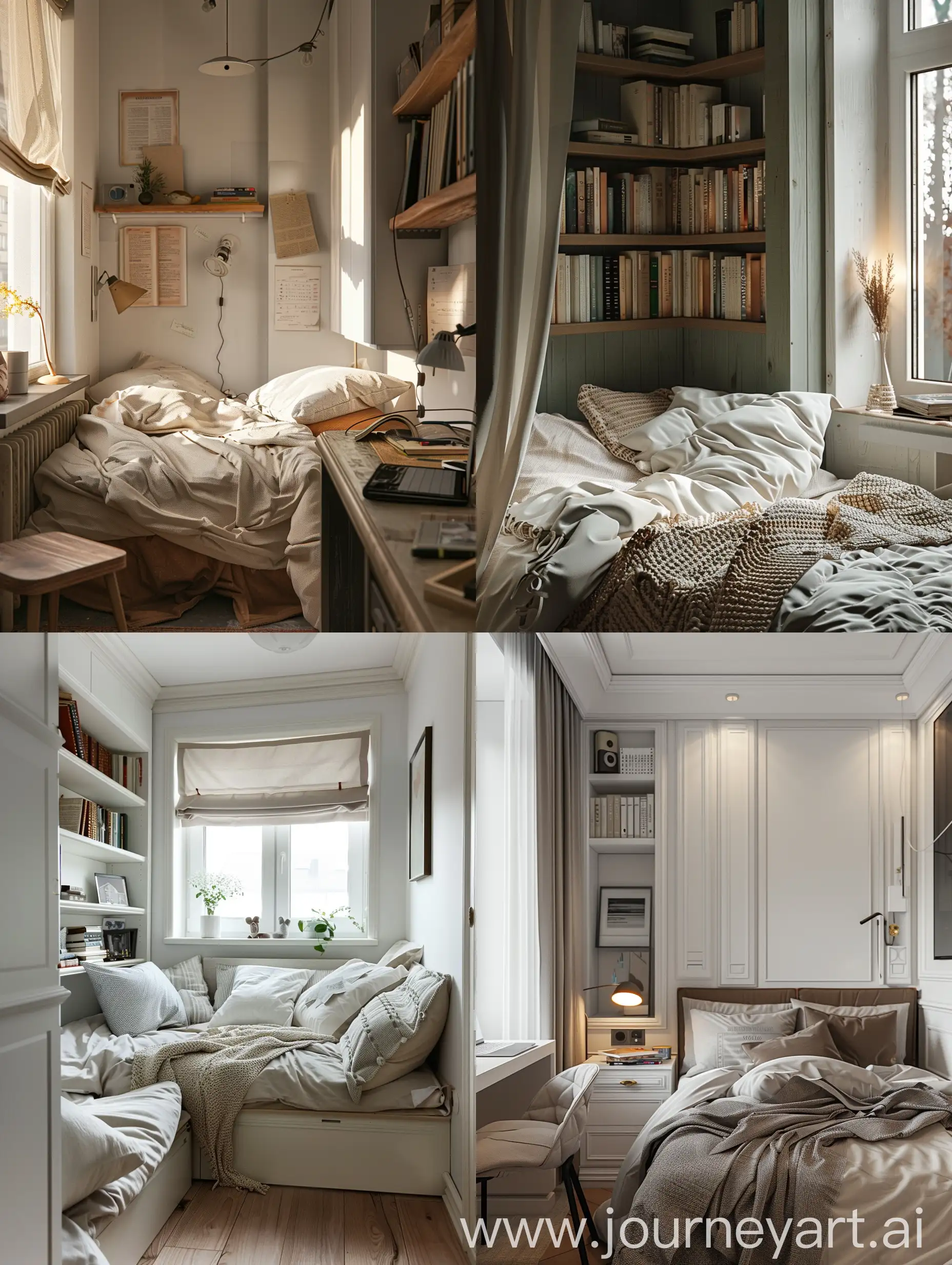 INTERIOR OF THE BEDROOM WHICH HAS A ONE PERSON AND WHITE COLOR OF THE WALL AND COSY FOR STUDYING