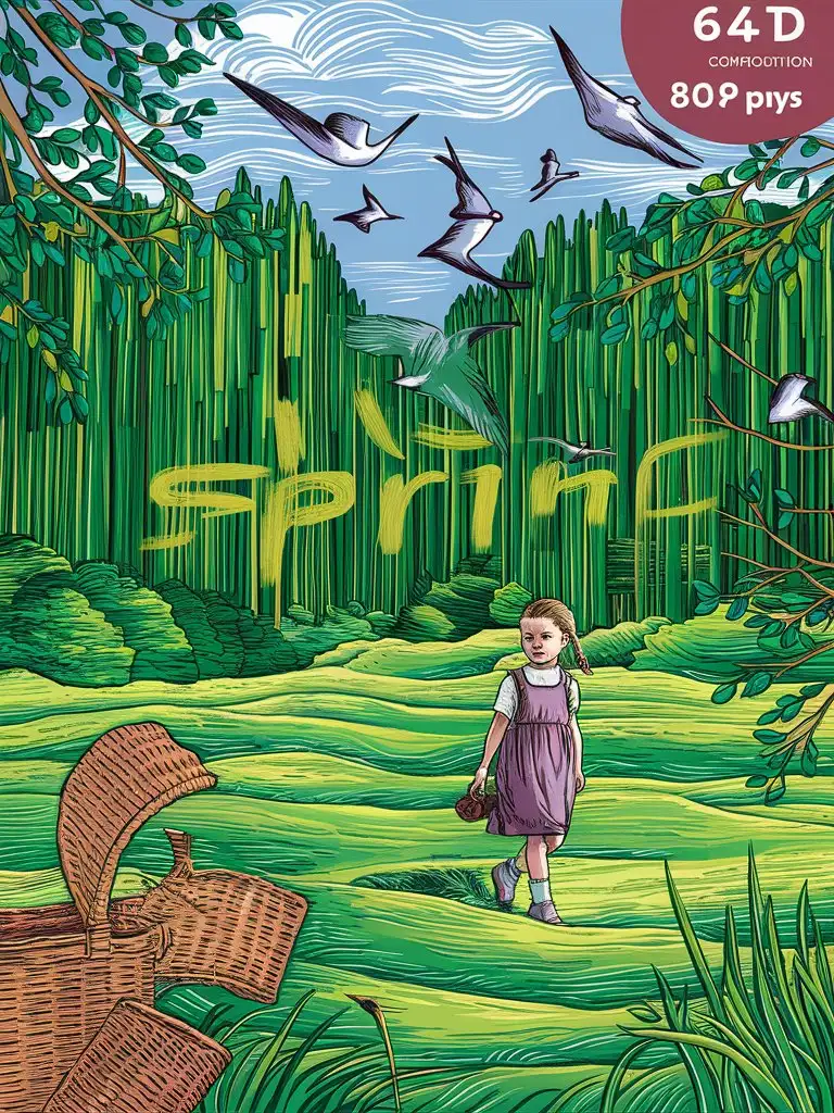 Spring scene with a girl walking on a forest meadow surrounded by linear green woods,
swallows flying in the sky, wicker fluttering in front of the picture, from mythology, the illustration is drawn with colorful lines in a flat style, with green as the main tone, The composition perspective is a top view, Van Gogh's painting style, looking down from the sky, 64K --ar 3:4 --s 800--niji