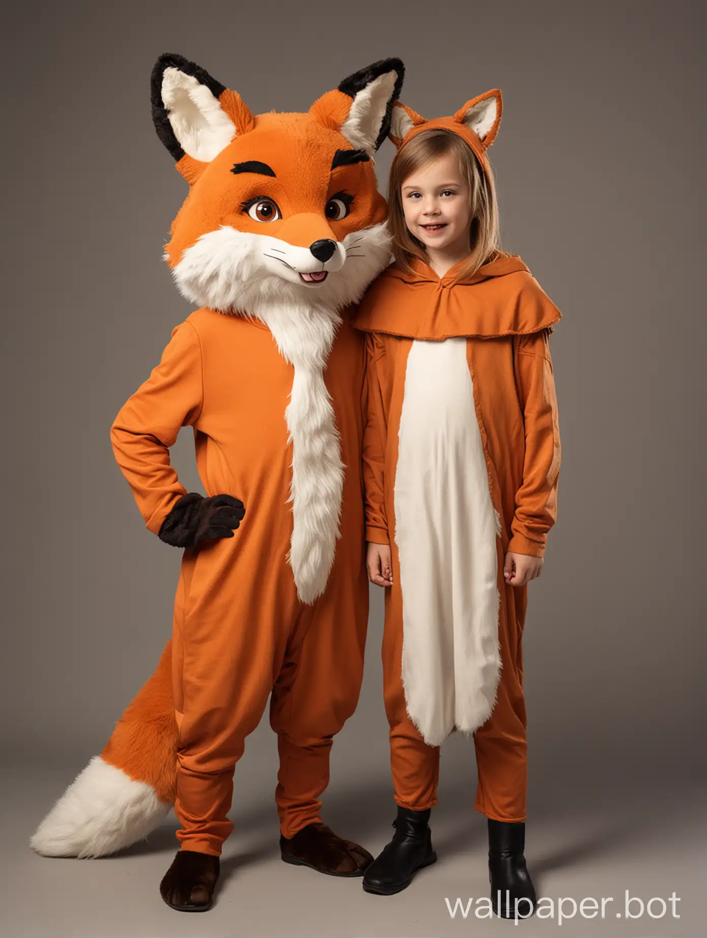 small boy and girl with adult animator dressed in a fox costume