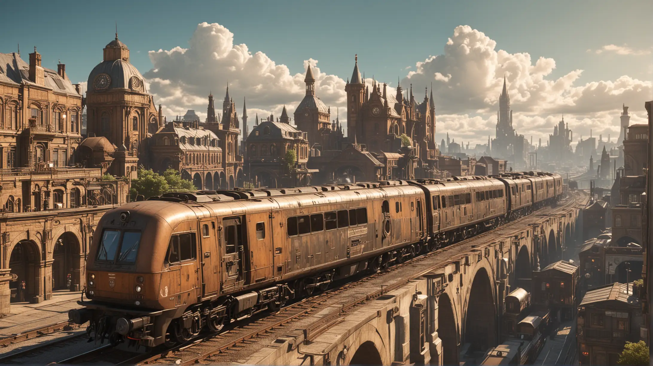superfast diesel train runs through a steampunk city, sunny, distant view