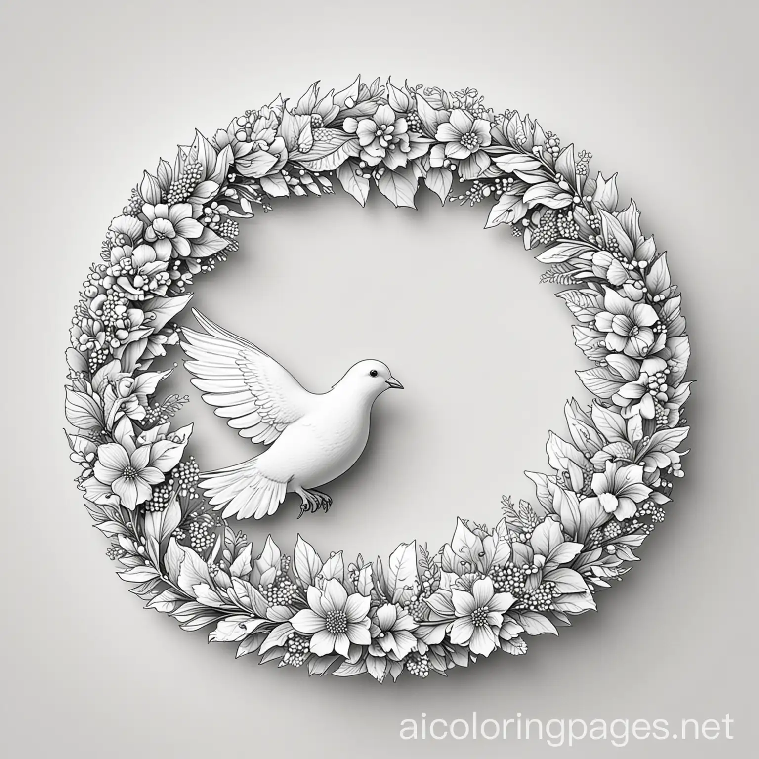 Circle flower garland dove, Coloring Page, black and white, line art, white background, Simplicity, Ample White Space. The background of the coloring page is plain white to make it easy for young children to color within the lines. The outlines of all the subjects are easy to distinguish, making it simple for kids to color without too much difficulty
