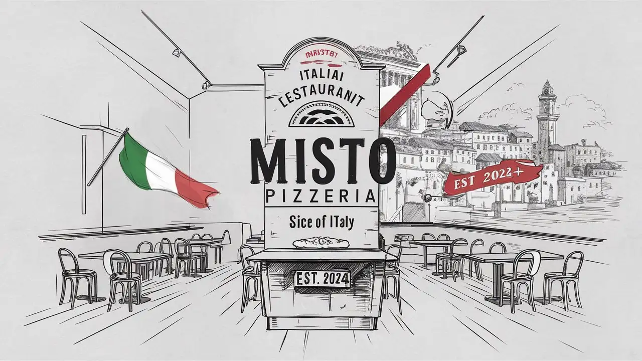 Misto Pizzeria Minimalist Edge Decorated Italian City Sketch on White Background