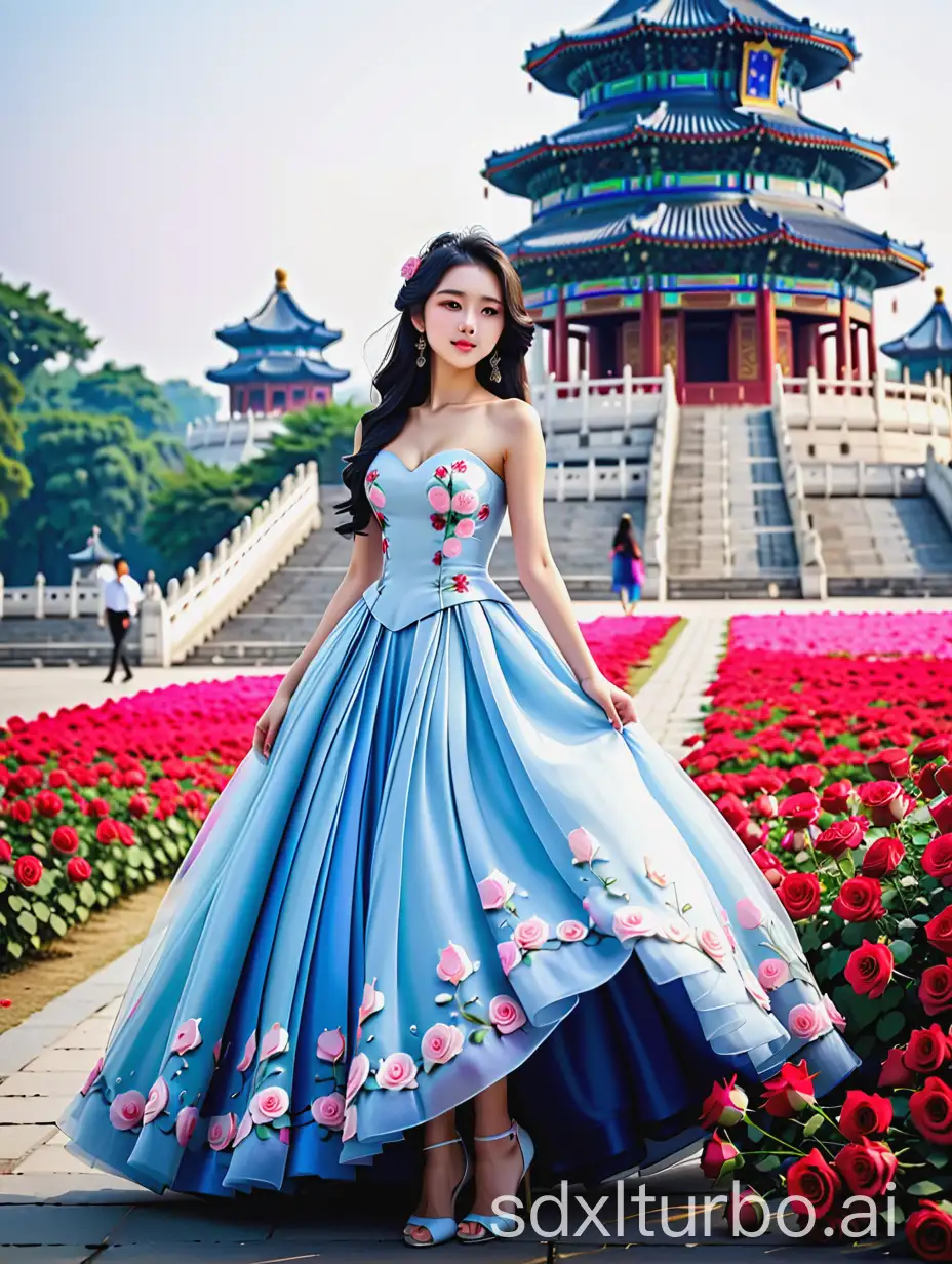 masterpiece,1 girl,cute,sweet,Look at me,Long hair,Black hair,grace,Whole body,Skirt,Roses on the skirt,A dream scene,Temple of Heaven Park,Petal,blue wedding dress,（Roses on the skirt）,Rose skirt,Outdoor,textured skin,super detail,best quality,,