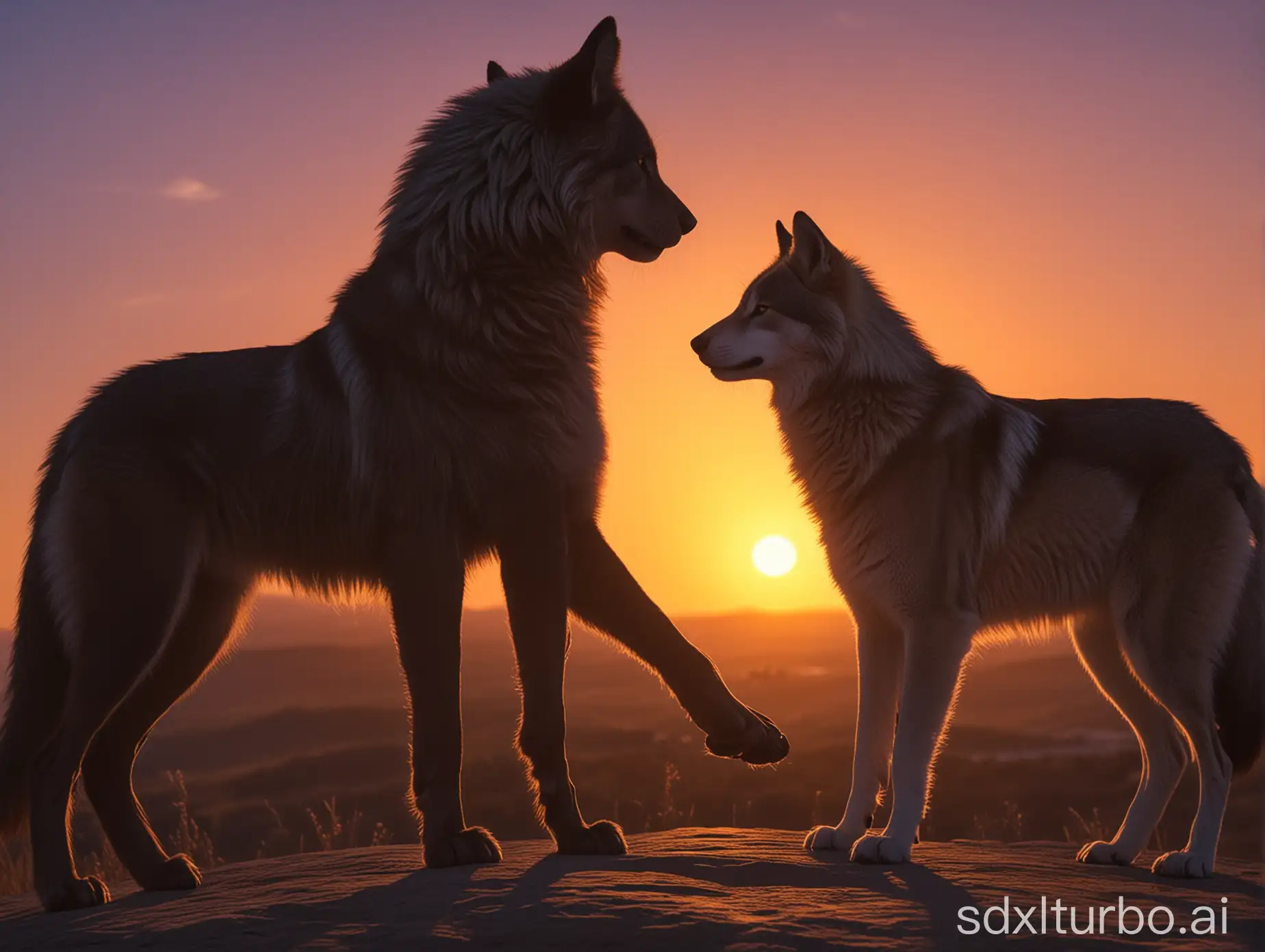 Male furrie cat and male wolf holding hands together in a sunset at about 5.00 in the afternoon