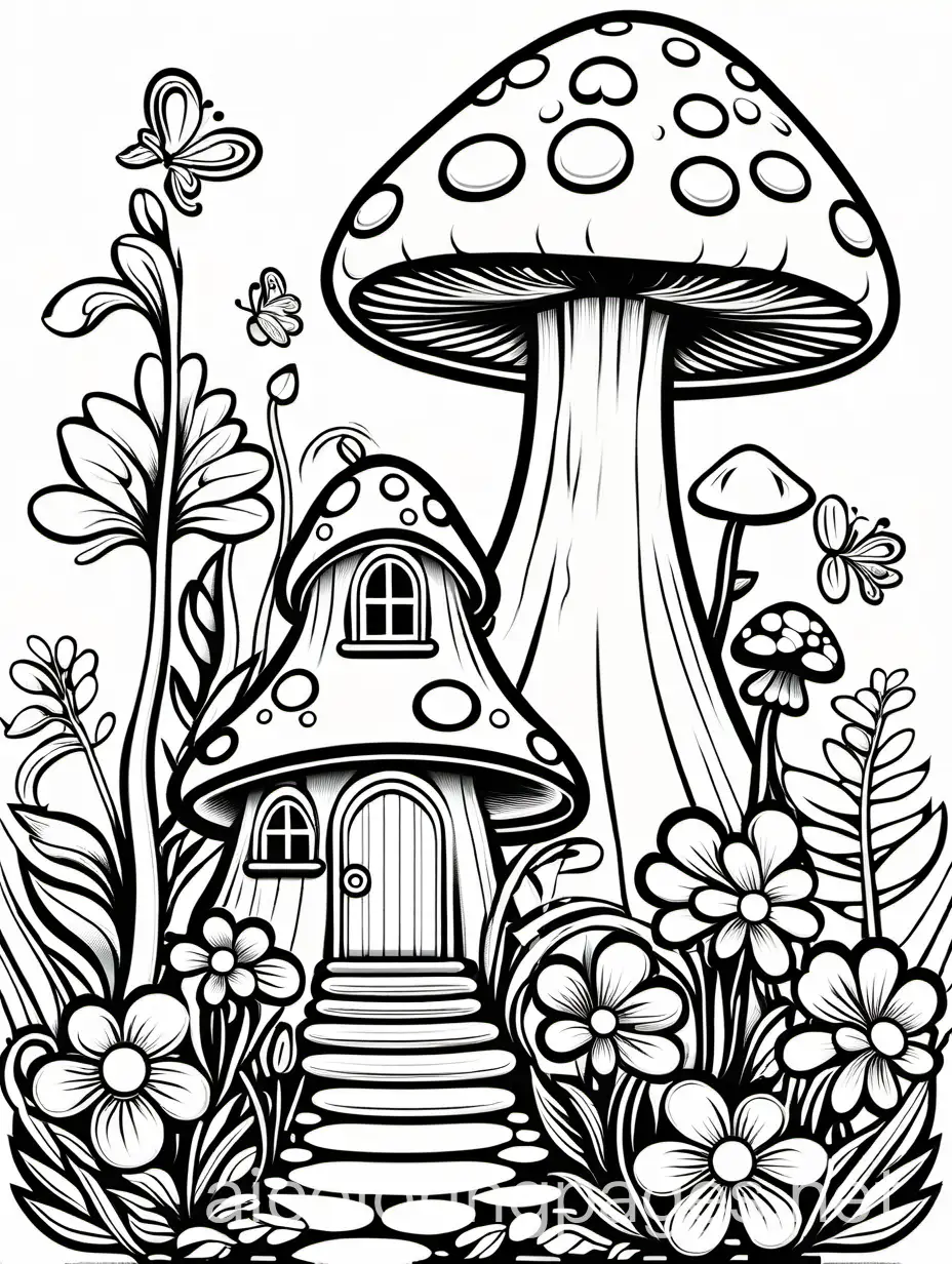 Single-Mushroom-Fairy-House-Surrounded-by-Flowers-Coloring-Page