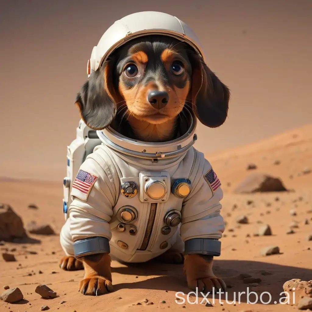 dachshund puppy on mars in a spacesuit
