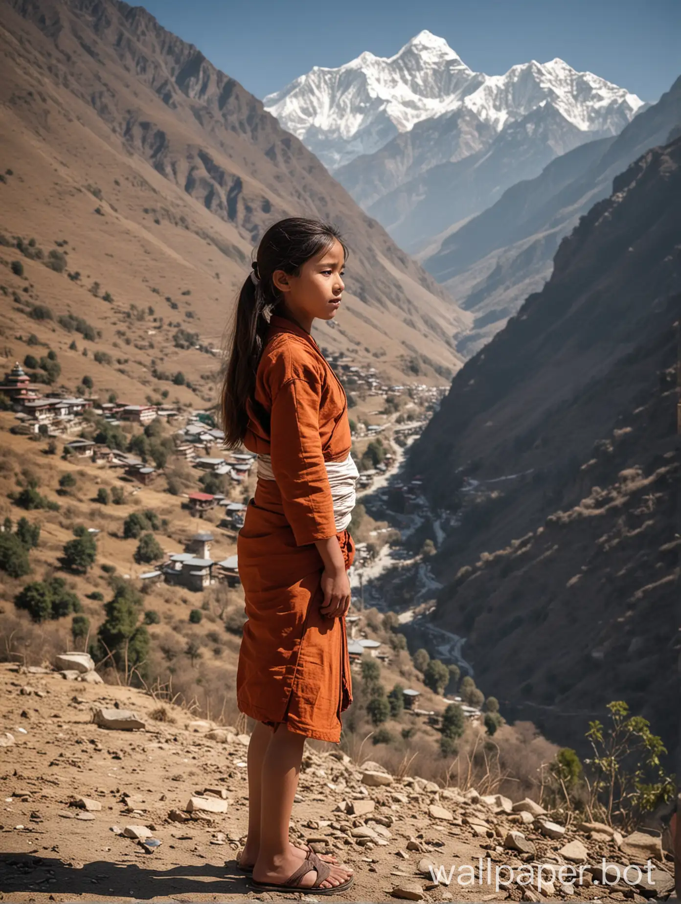 Nepalese-Girl-in-Buddhist-Attire-at-Himalayan-Stupa-with-Mountain-Peaks