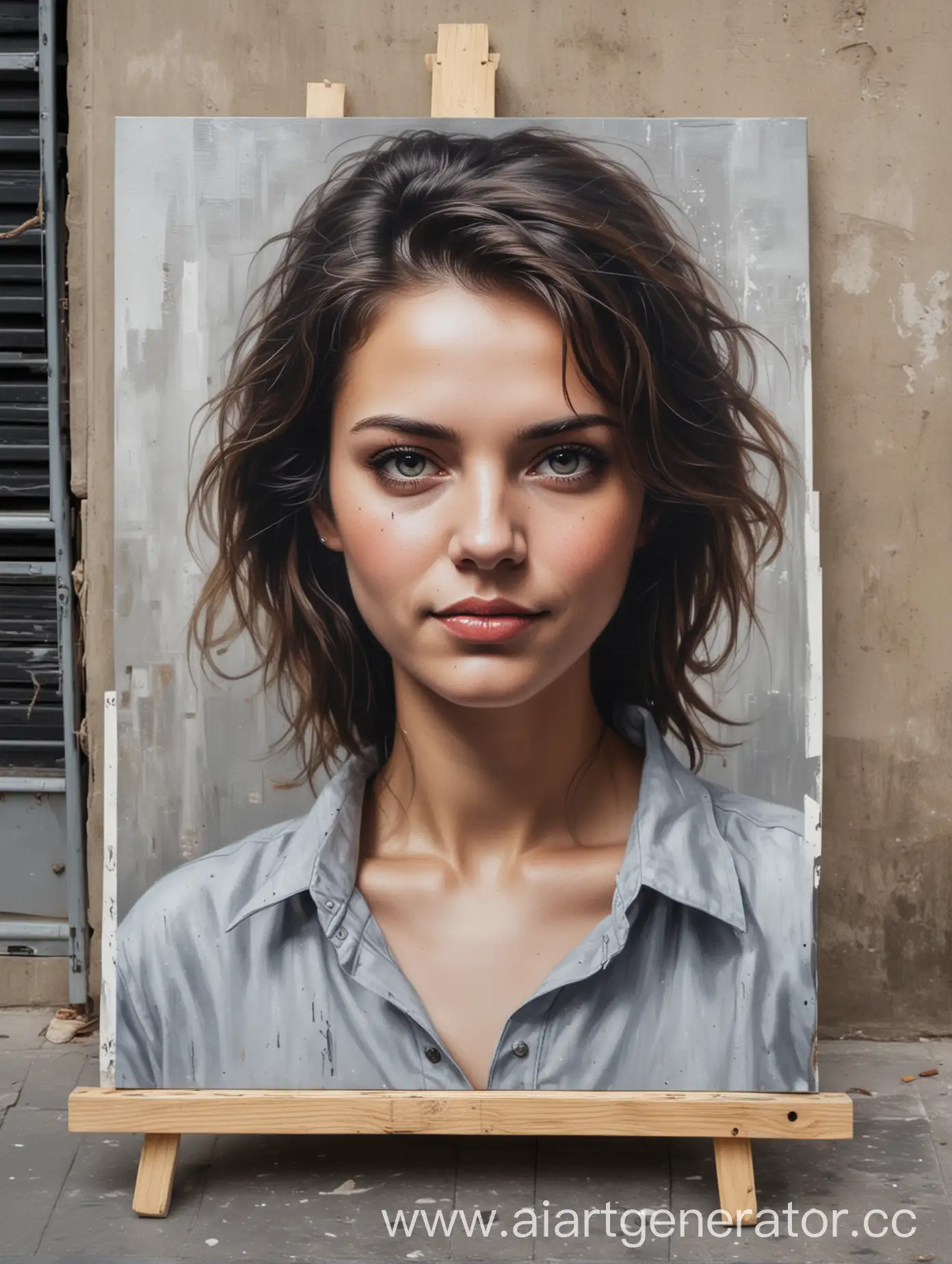Портрет на холсте размером 50х70 сантиметров стоит на улице на полу