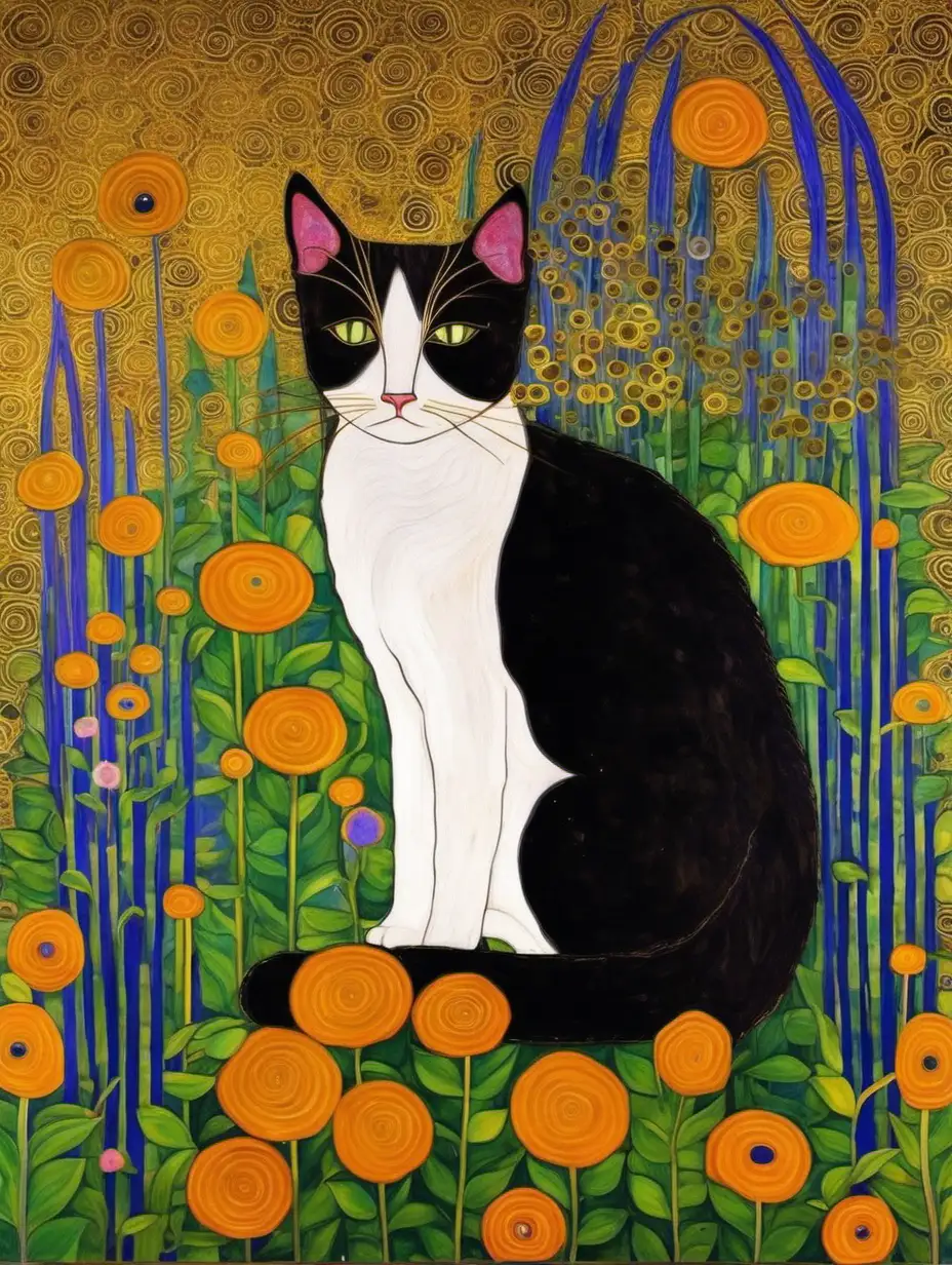 Klimt Style Garden Cat Painting Vibrant Feline Amidst Floral Abundance