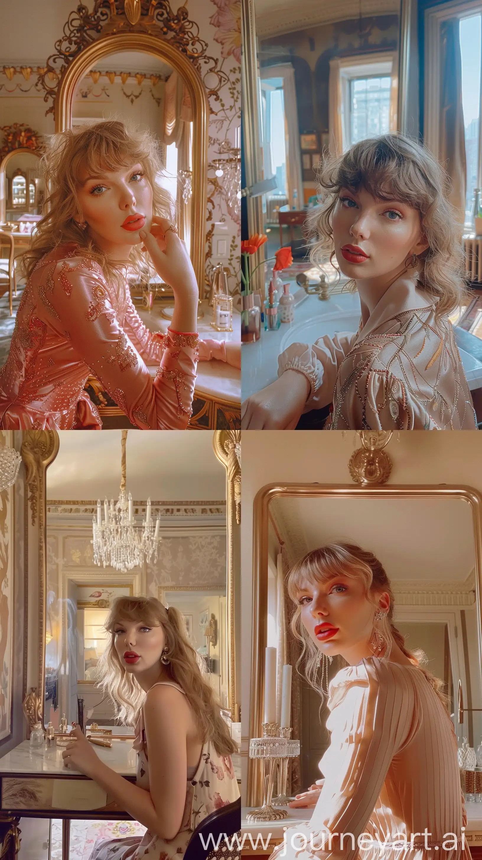 Aesthetic Instagram selfie of Taylor Swift in fancy New York apartment, wide set, at vanity, profile throw face away in room --ar 9:16