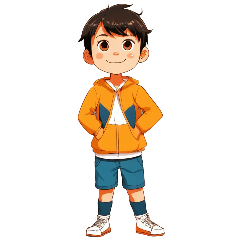 Orange-Yellow-Hue-Childrens-Comic-Book-Style-PNG-Image-of-a-Little-Boy-in-Greeting-Pose