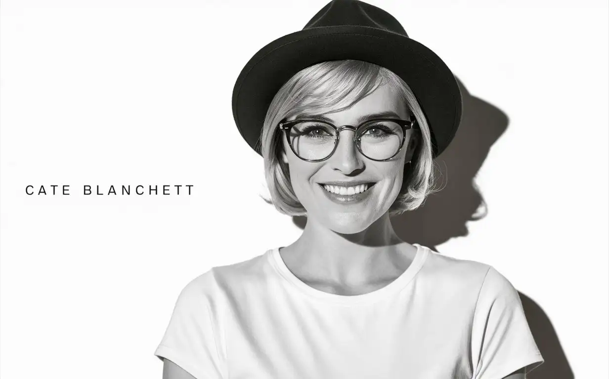 A portrait of Cate Blanchett with glasses, in a hat, 20 yo, smiling, wearing a white t-shirt, in black and white photography, with high contrast, facing the camera, looking straight ahead against a white background, in the style of a Hasselblad X2D color flash photo. --ar 49:64 --v 6.0 --style raw