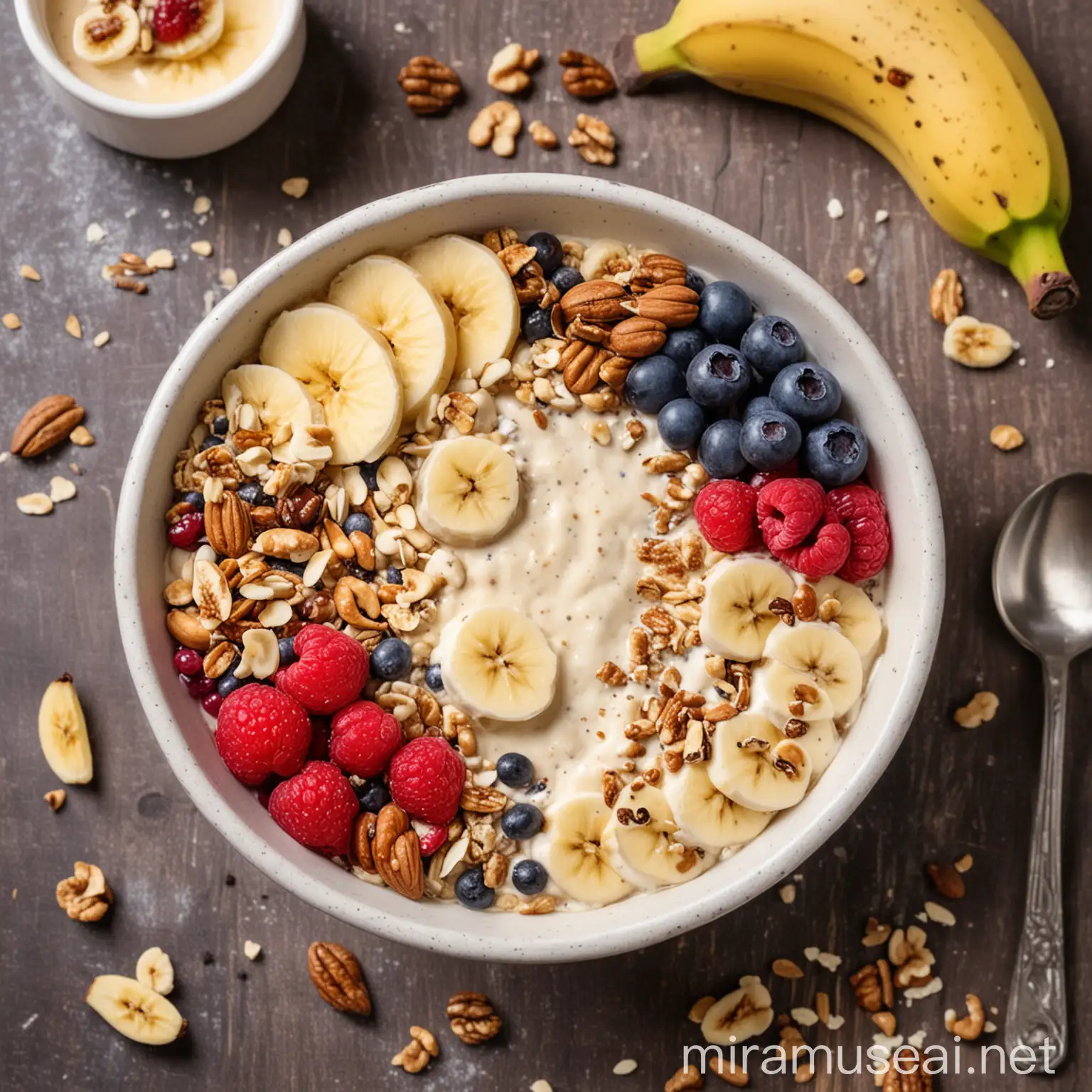 Greek Yogurt Smoothie Bowl
with banana, berries, honey and nuts