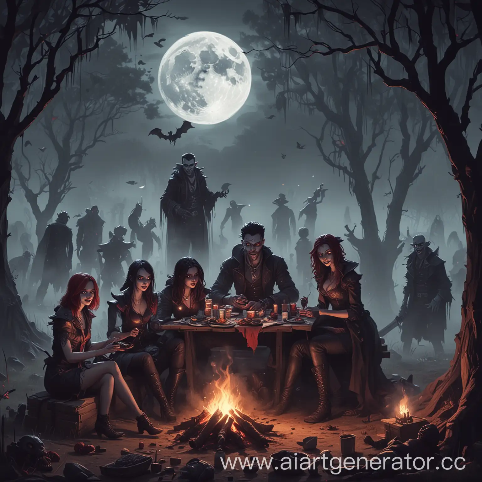 Счастливые вампиры на пикнике, костёр, туман, луна, вокруг испуганные маленькие монстры. В стиле игры Наследие Вампиров