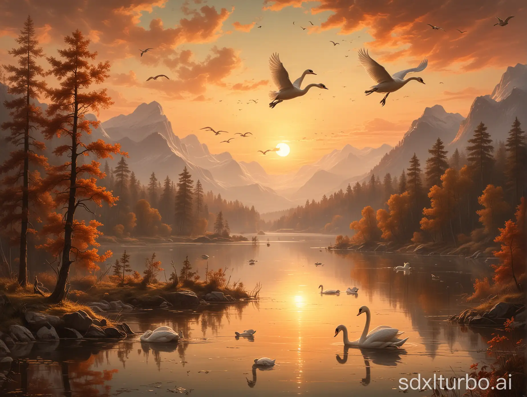 Flying swans backlit by the sunset over a beautiful landscape of forests, mountains and lakes, in the style of Johann Jakob Frey