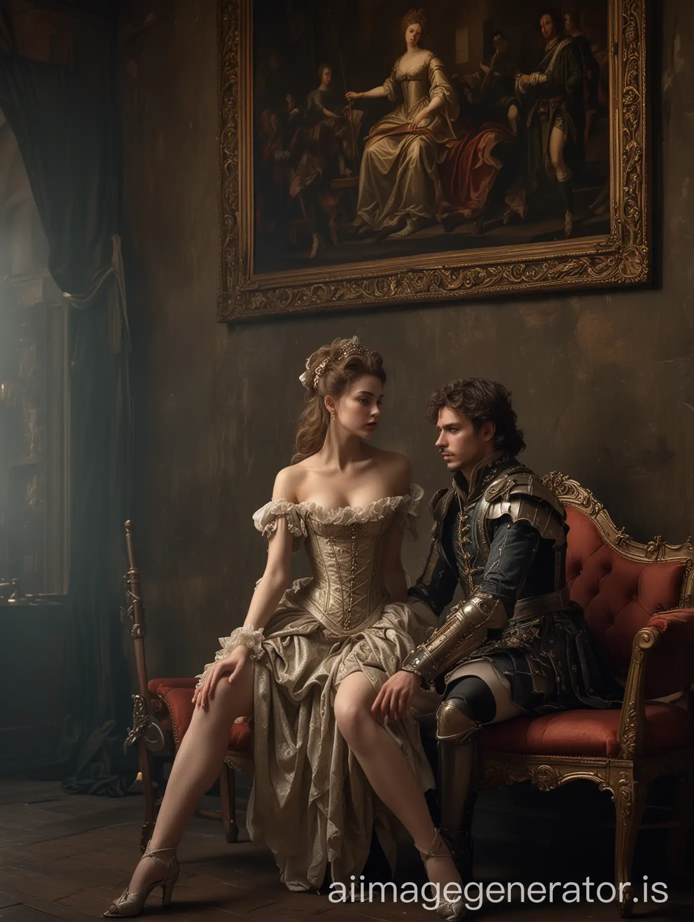 An epic 17th century scene in the armory featuring young and handsome noble male is seduced by a gorgeous and beautiful 17th century Venetian courtesan on a bench, naked body, bare legs, Venetian masks, weapons and shields on the walls, night, misty atmosphere, high-detailed, photo realistic, beautiful, moody lighting, best quality, realistic, real picture, intricate details, cinematic view, depth of field, fujifilm xt3, raw photo, 8k uhd, film grain