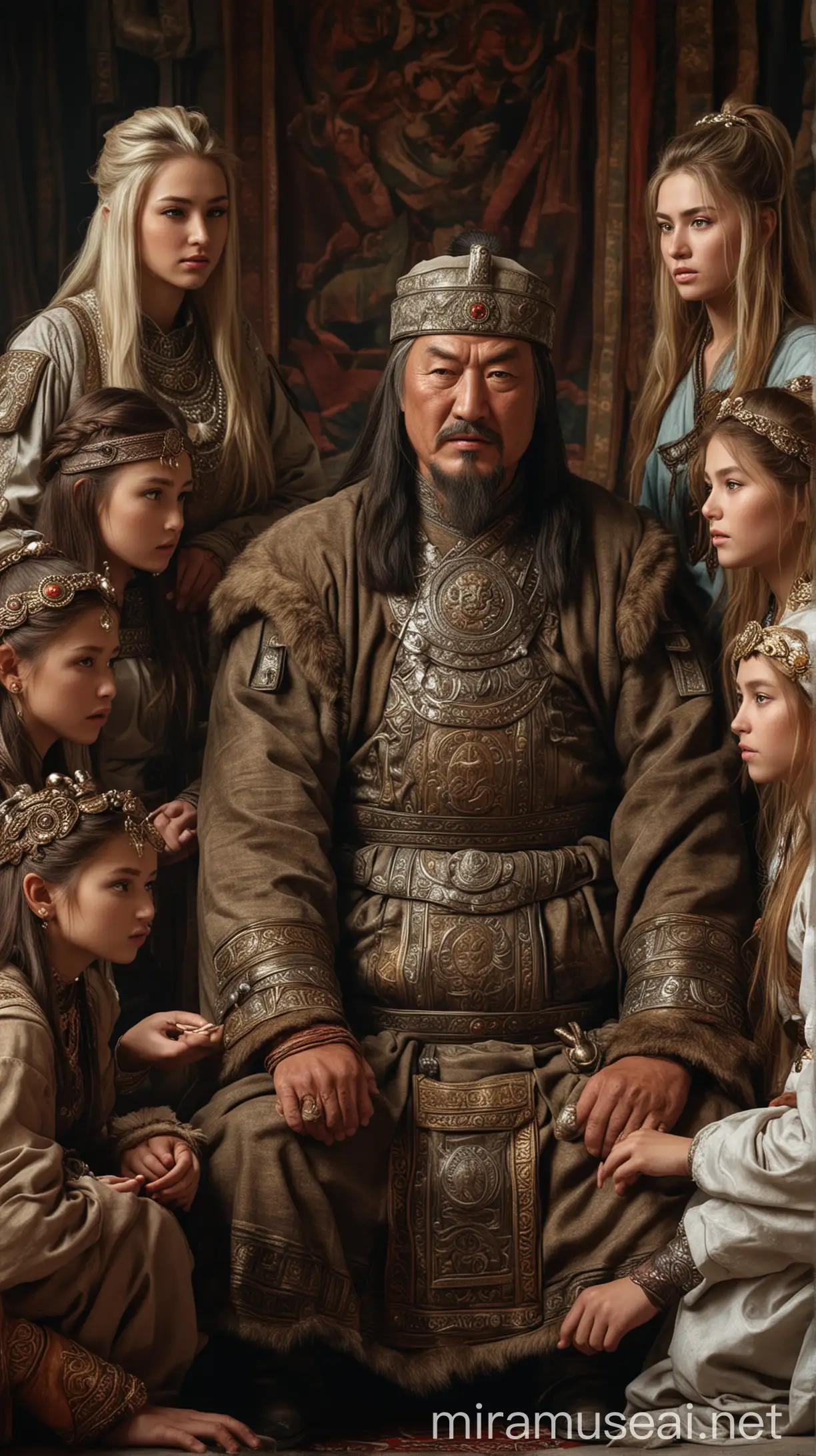 Genghis Khan surrounded by his daughters, discussing strategy. hyper realistic