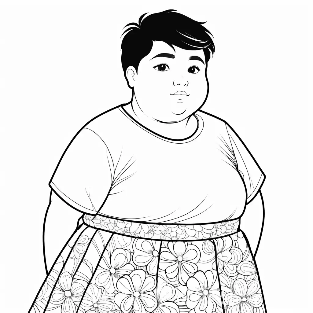 Fat short short short hair teenager boy wearing flower skirt , Coloring Page, black and white, line art, white background, Simplicity, Ample White Space.