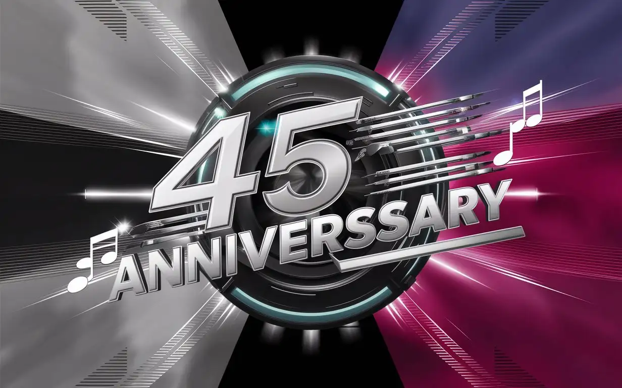 3d logo, text: "45 TH ANNIVERSARY", technical look, background color grey, black, cyan, magenta, theme show, stage, light, music