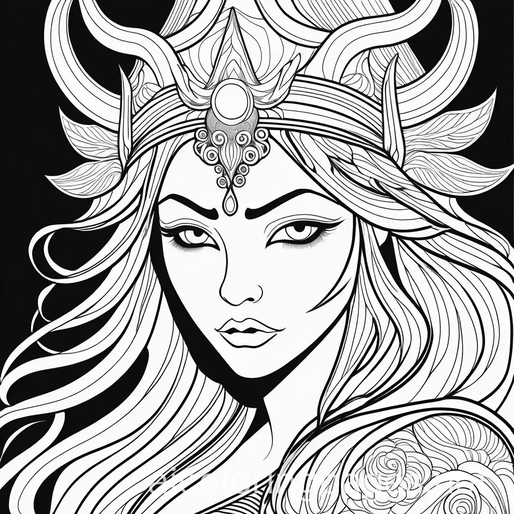 Horror monster beautiful goddess, Coloring Page, black and white, line art, white background, Simplicity, Ample White Space