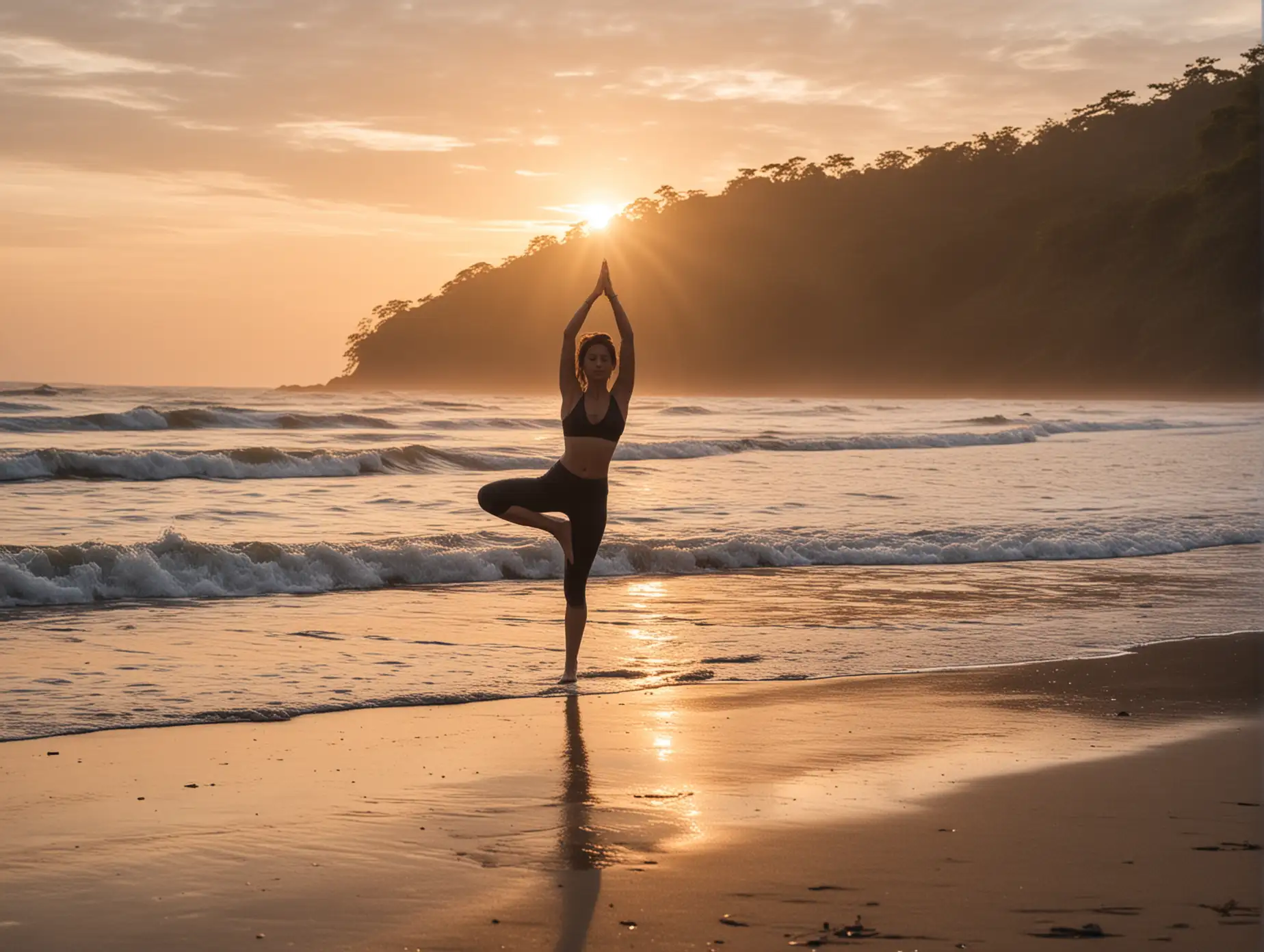 Woman Practicing Sunrise Yoga on Samara Costa Rica Beach