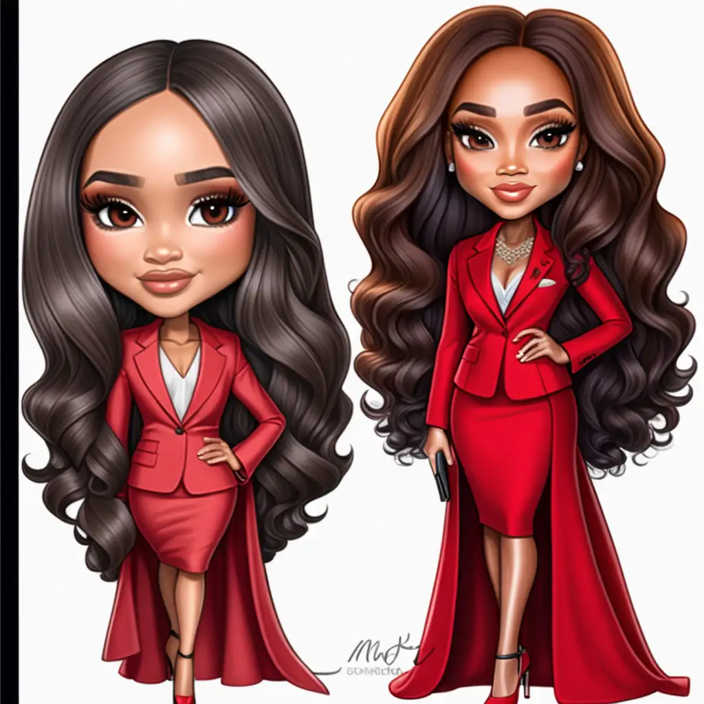 Envision a chibi-style portrayal featuring a strikingly beautiful Megan Markle look alike, black woman, This detailed depiction showcases her entire body with impeccable makeup, long lashes, and auburn medium- long hair , Dressed in sophisticated, chic, red suit , stiletto heels, Transparent background