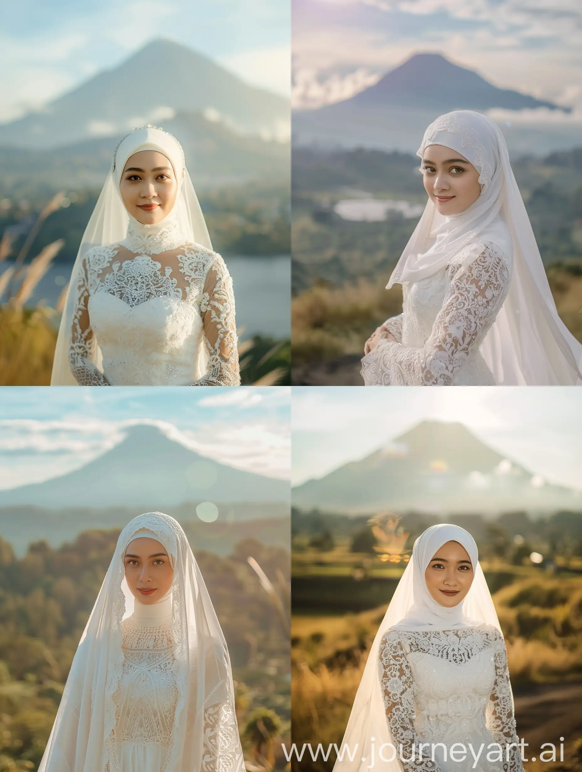 Fotografi sinematik. Wanita cantik hijab Indonesia mengenakan mukenah putih muslim dan gaun putih. Fokus fokus berdiri dibelakangnya terdapat pemandangan gunung Uhud yang indah. Badan menghadap kedepan. Tersenyum. 
