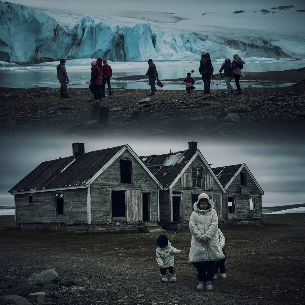 таяние ледников в Арктике, увядание жизни в деревне, дети не общаются с матерью, туристы в деревне