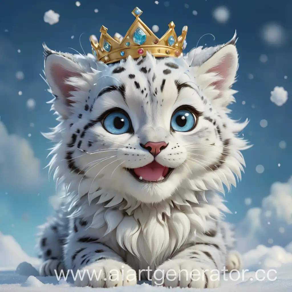 fluffy happy cute little girl kitten snow leopard in crown in cartoon style, big eyes, gently smiling, clearly drawn details, bright colors against the background of blue mother of pearl snow, side glitter, on a soft fluffy snow cloud